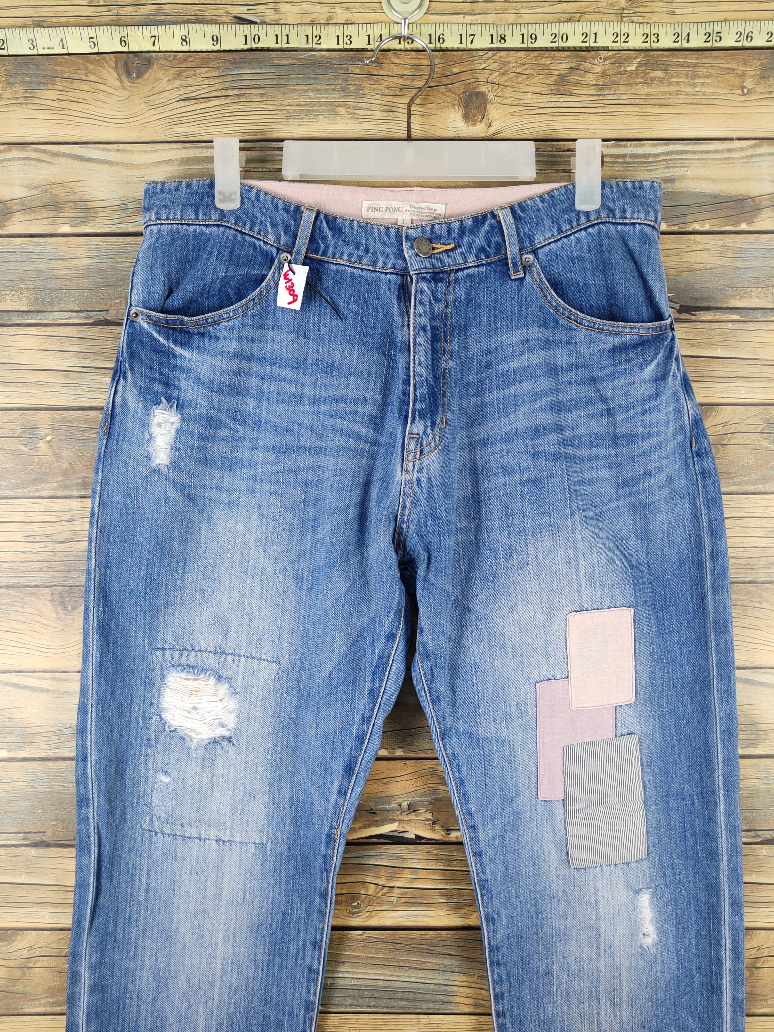 Japanese Brand × Vintage Pinc Ponc Blue Distressed Ripped Patch Jeans #1309 Size 33" - 2 Thumbnail