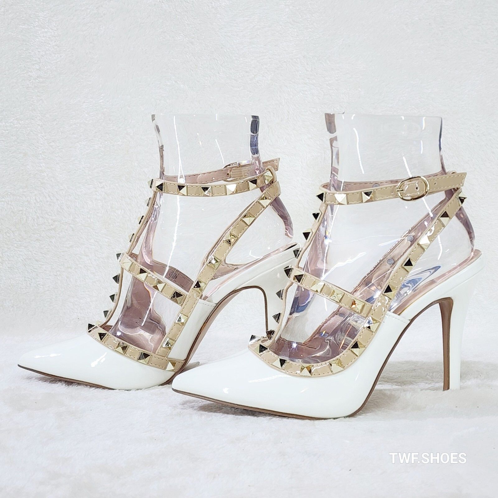 Other Caged White Patent Studded Strappy Stiletto High Heel Shoes Size US 8 / IT 38 - 2 Thumbnail