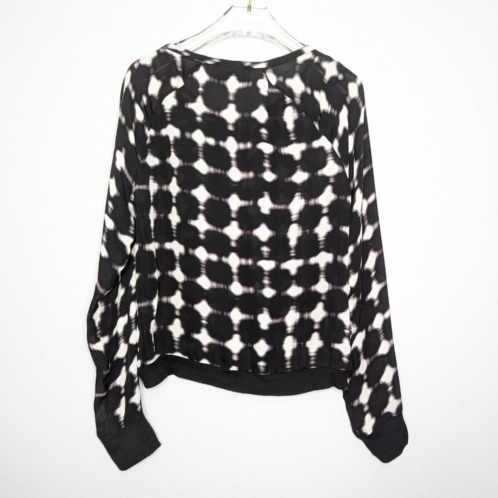 A.L.C. ALC Black White Tie Dyed Long Sleeve Silk Top Zip Neck XS Size XS / US 0-2 / IT 36-38 - 2 Thumbnail