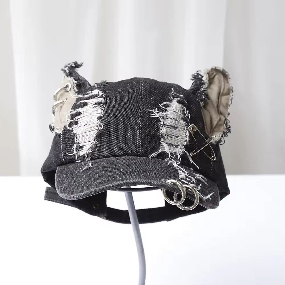 Japanese Brand Rabbit Ears Metal Ring Ripped Denim Baseball Cap Size ONE SIZE - 1 Thumbnail