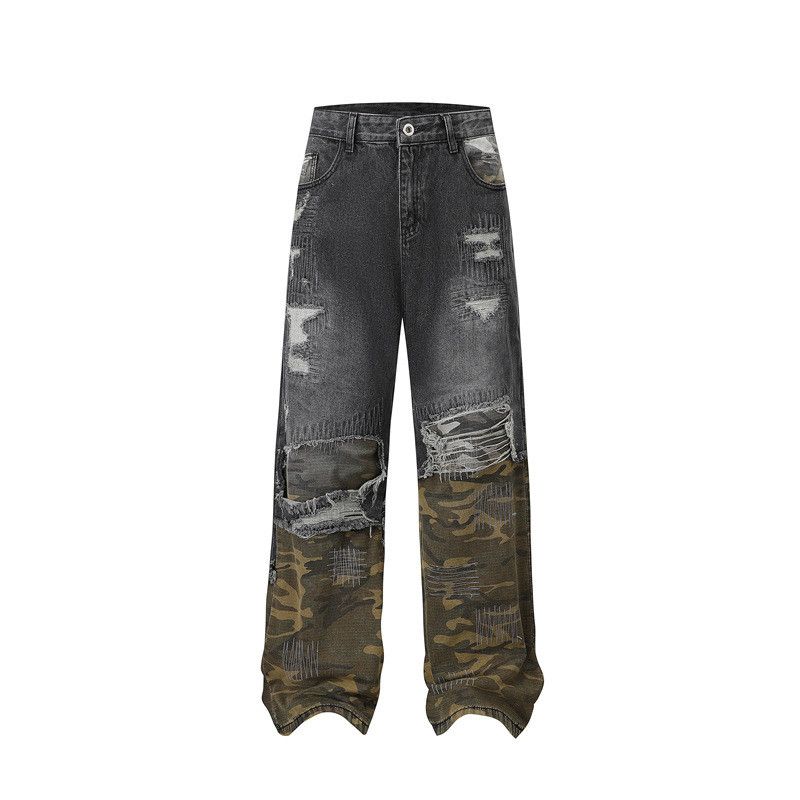 Jean Camouflage Patchwork Hole Bottom Jeans Size US 35 - 1 Thumbnail