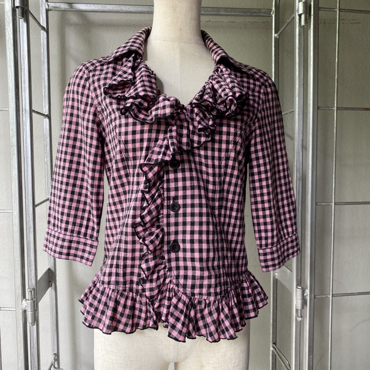 Japanese Brand ALGONGUINS Y2K Punk Pink Black Gingham Ruffle Blouse Size M / US 6-8 / IT 42-44 - 18 Thumbnail