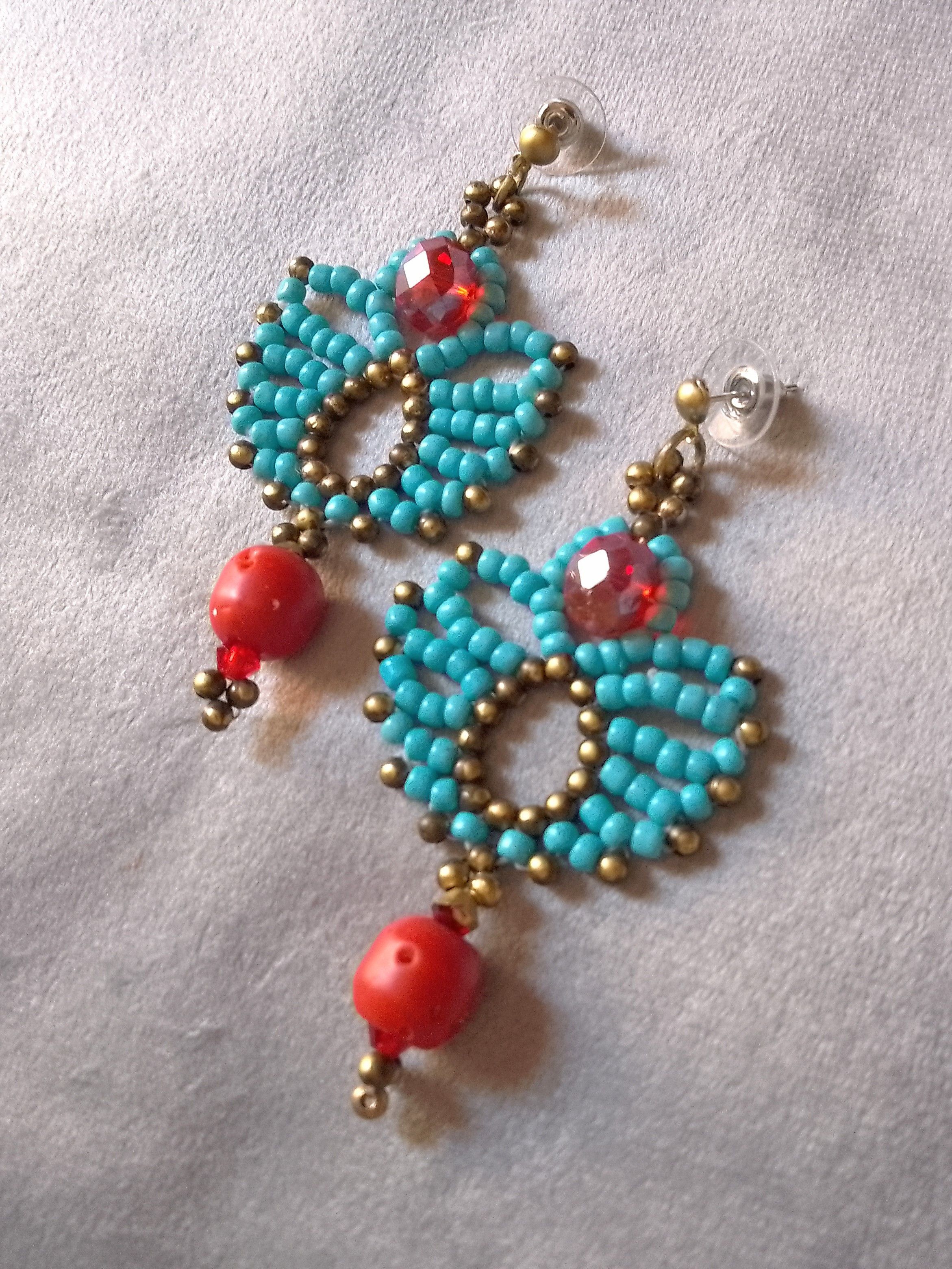 Handmade Ethnic earrings with natural precious coral Red-Turquoise Size ONE SIZE - 2 Thumbnail