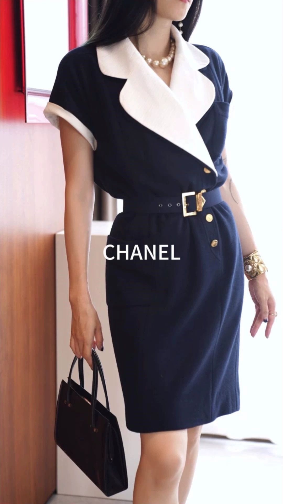Chanel Chanel 1980s Navy Wool Colorblock Gold Button Dress Size S / US 4 / IT 40 - 1 Thumbnail