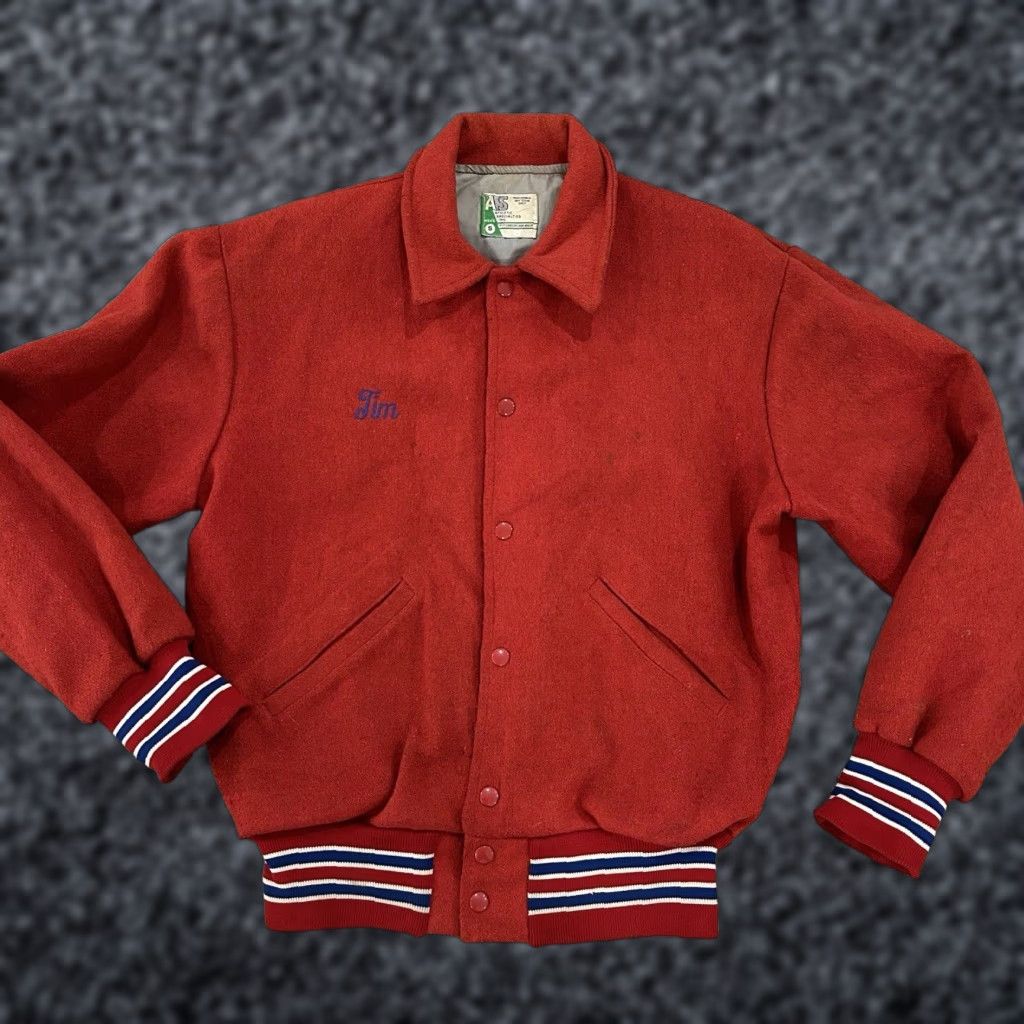 VINTAGE Athletic Specialties Wool Letterman Jacket Mens Small Red Varsity Jacket Sports USA 60s Band Collar Pockets