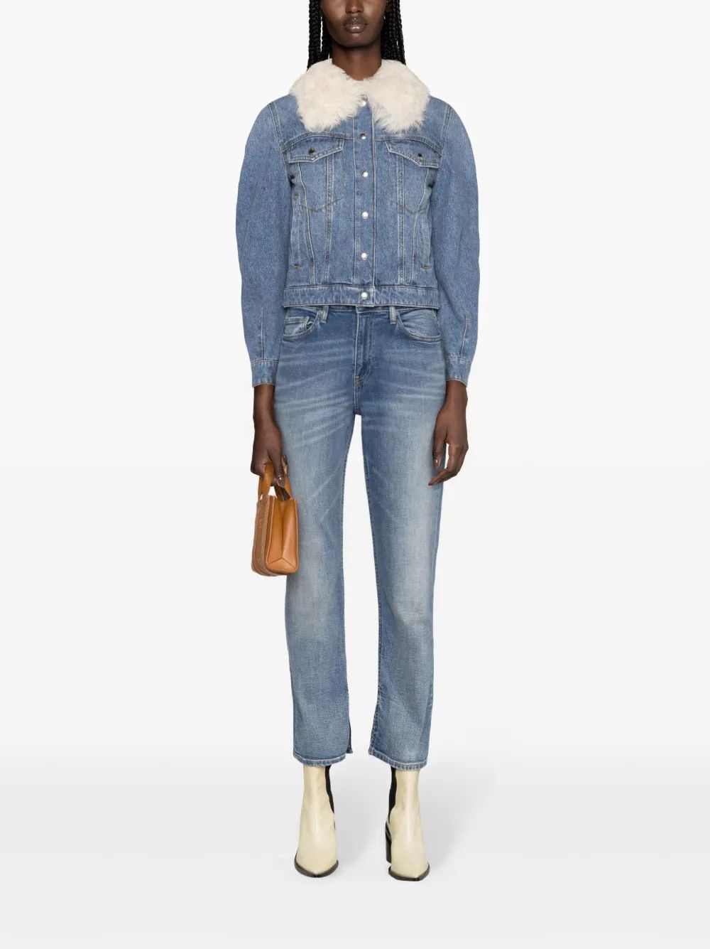 Chloe o1loc1c10425 Shearling Collar Denim Jacket Foggy in Blue Size L / US 10 / IT 46 - 2 Thumbnail