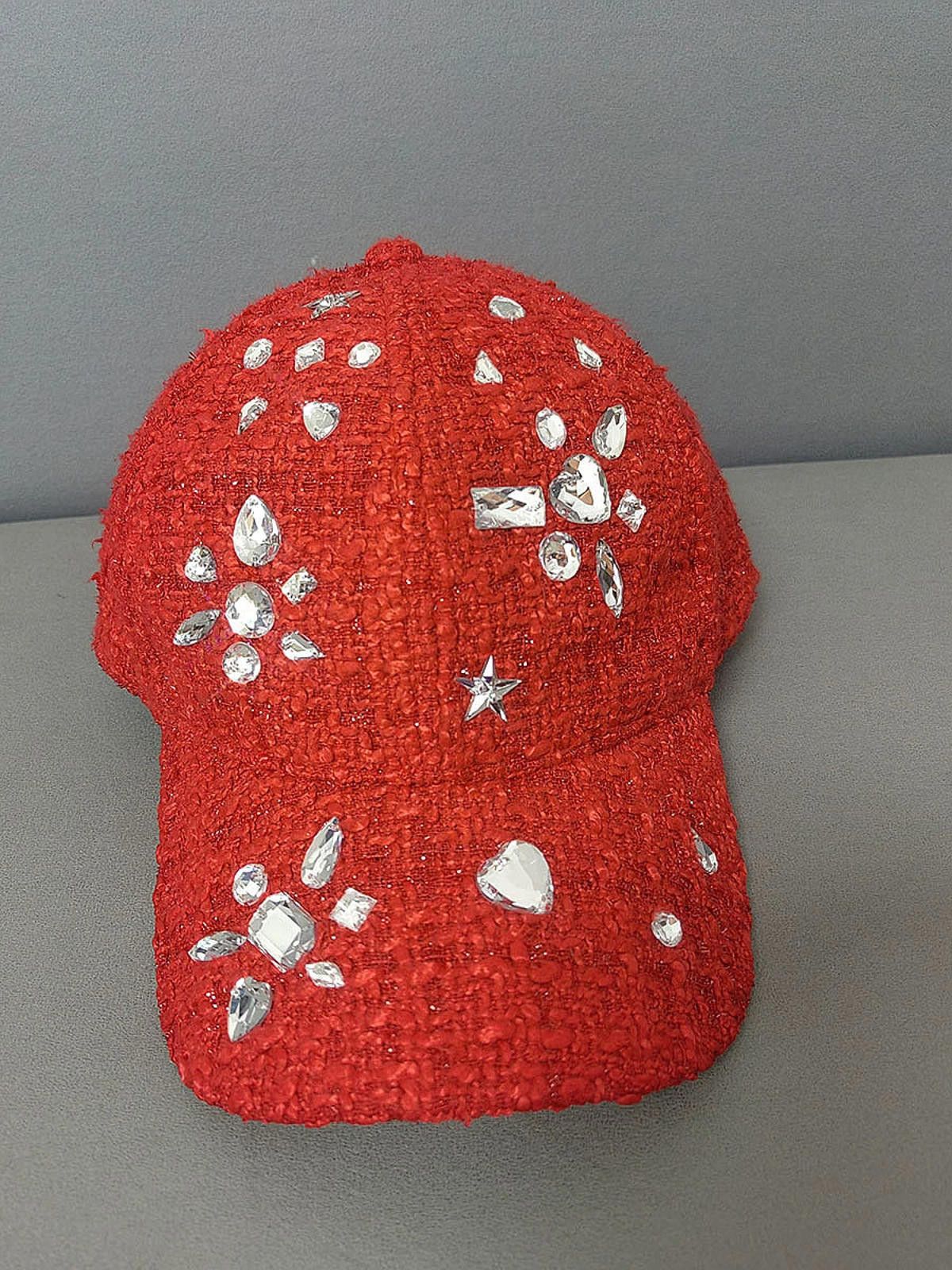 Other Red Embellished Rhinestone Tweed Baseball Cap Size ONE SIZE - 8 Thumbnail