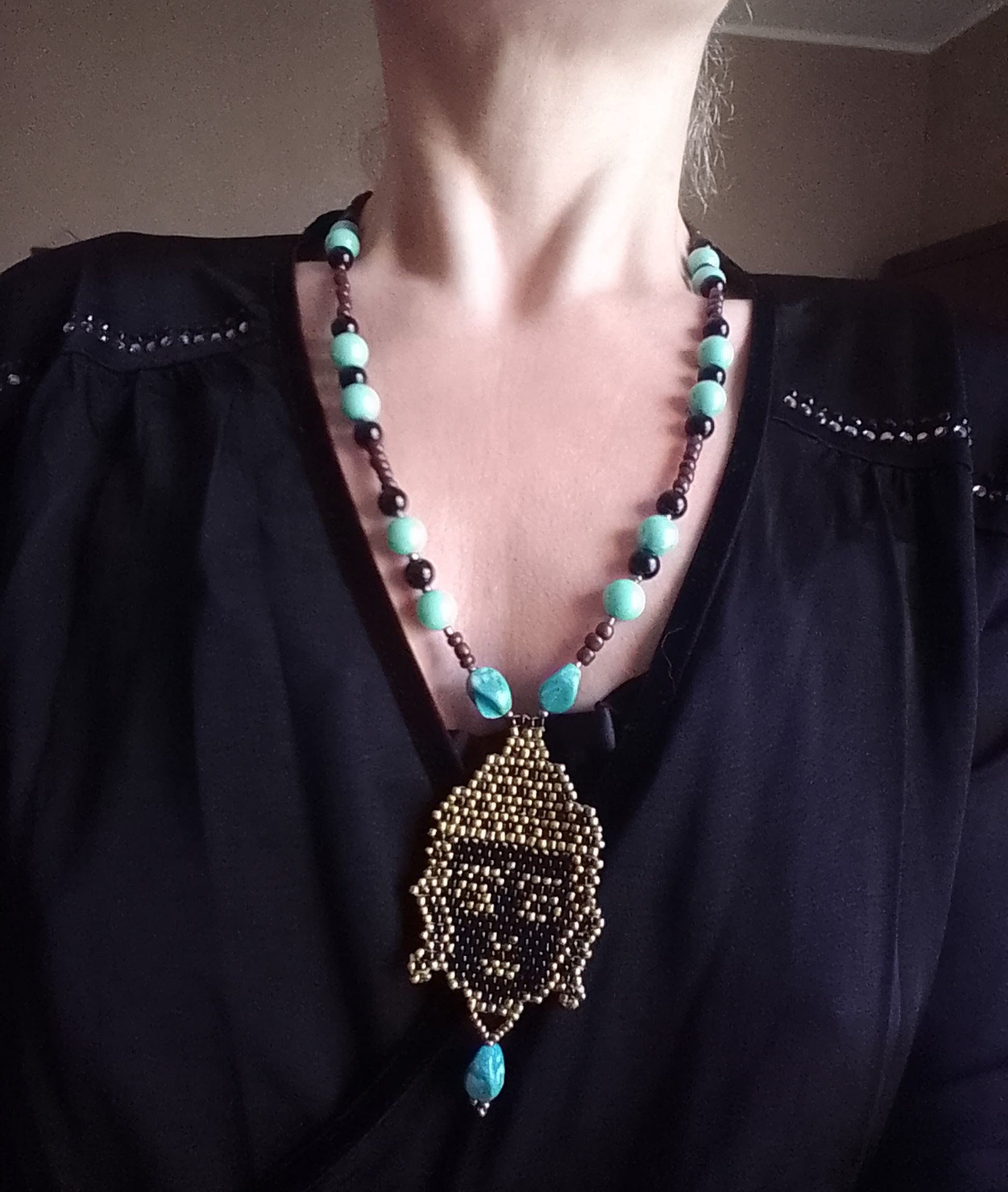 Handmade Necklace Long Tibetan Pendant Buddha Black Turquoise Size ONE SIZE - 4 Thumbnail