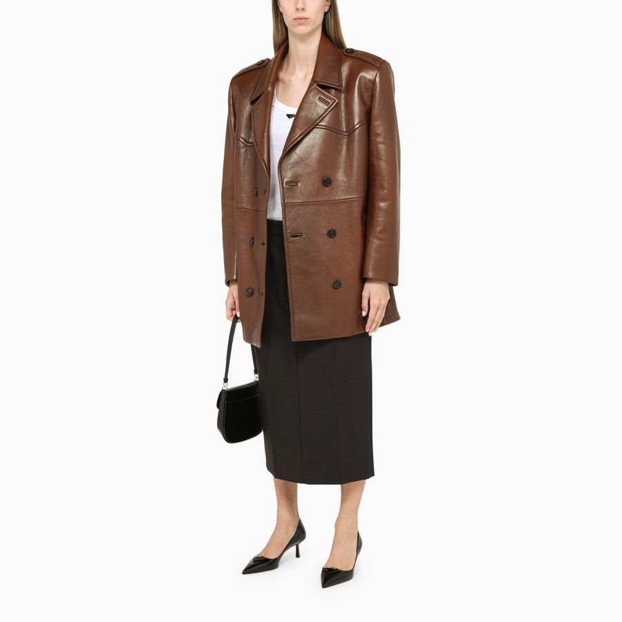Prada o1d2blof0924 Leather Double-breasted Coat in Brown Size S / US 4 / IT 40 - 3 Thumbnail