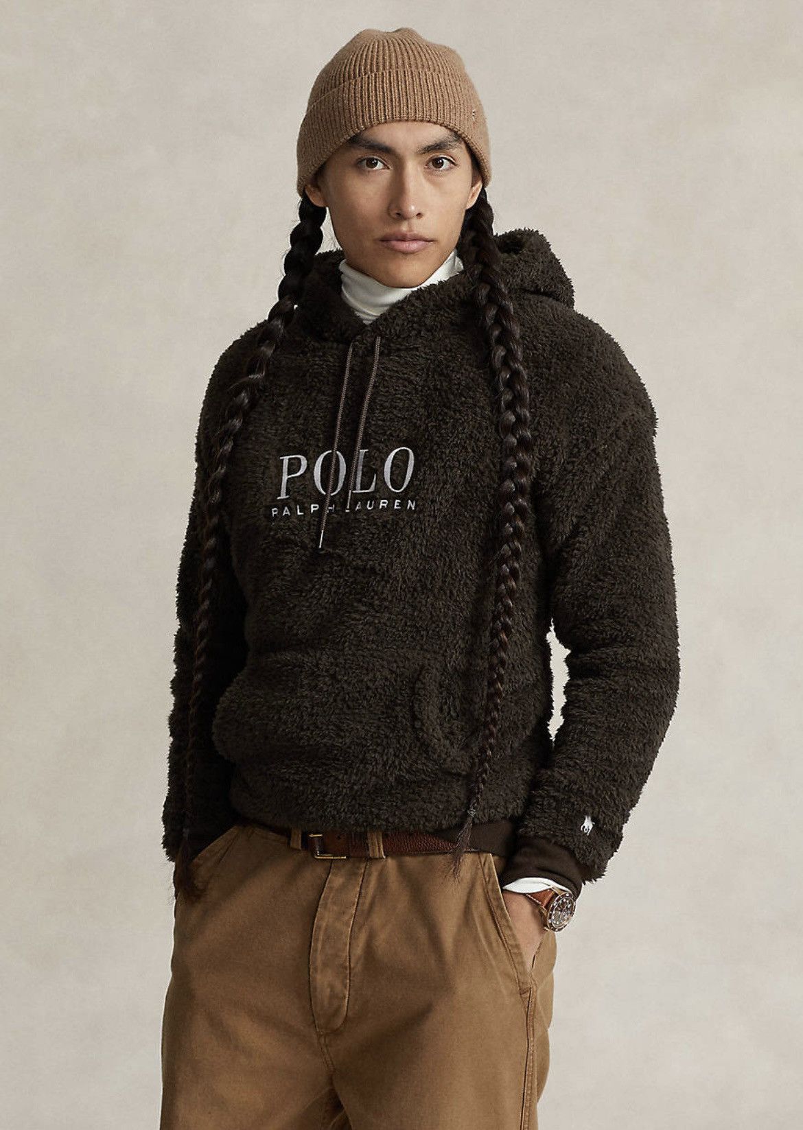 image of Polo Ralph Lauren Embroidered Polo Pile Fleece Hoodie in Brown, Men's (Size XL)