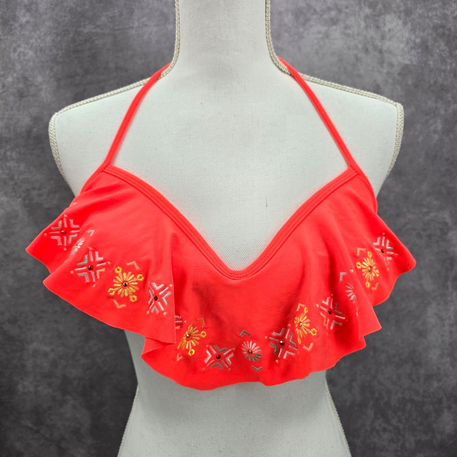 Other Xhilaration Orange Ruffle Floral String Hook Bikini Top S Size ONE SIZE - 1 Thumbnail