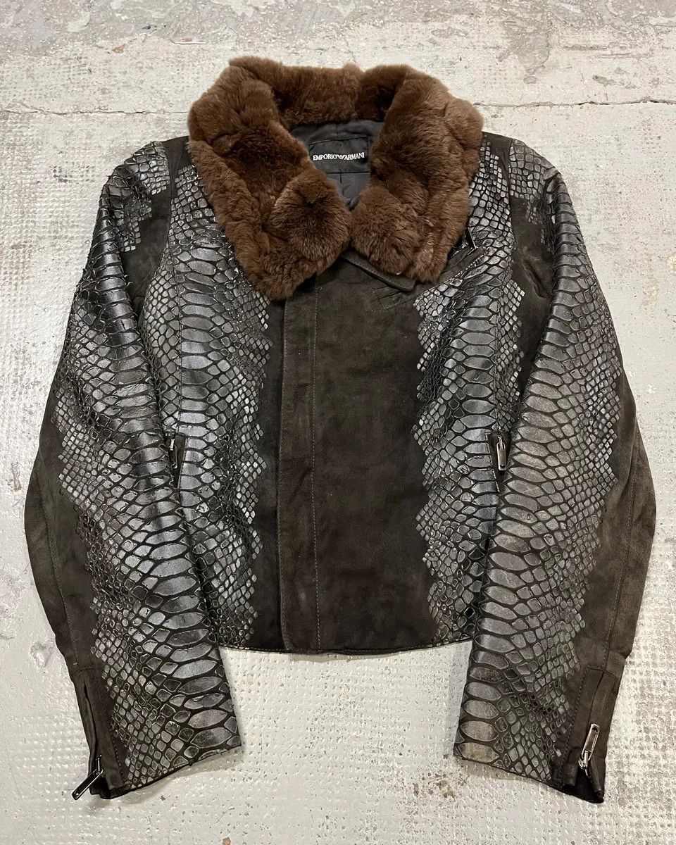 Emporio Armani AW2008 Emporio Armani Black Leather Fur Collar Snake Skin Effect Jacket Size M / US 6-8 / IT 42-44 - 1 Thumbnail