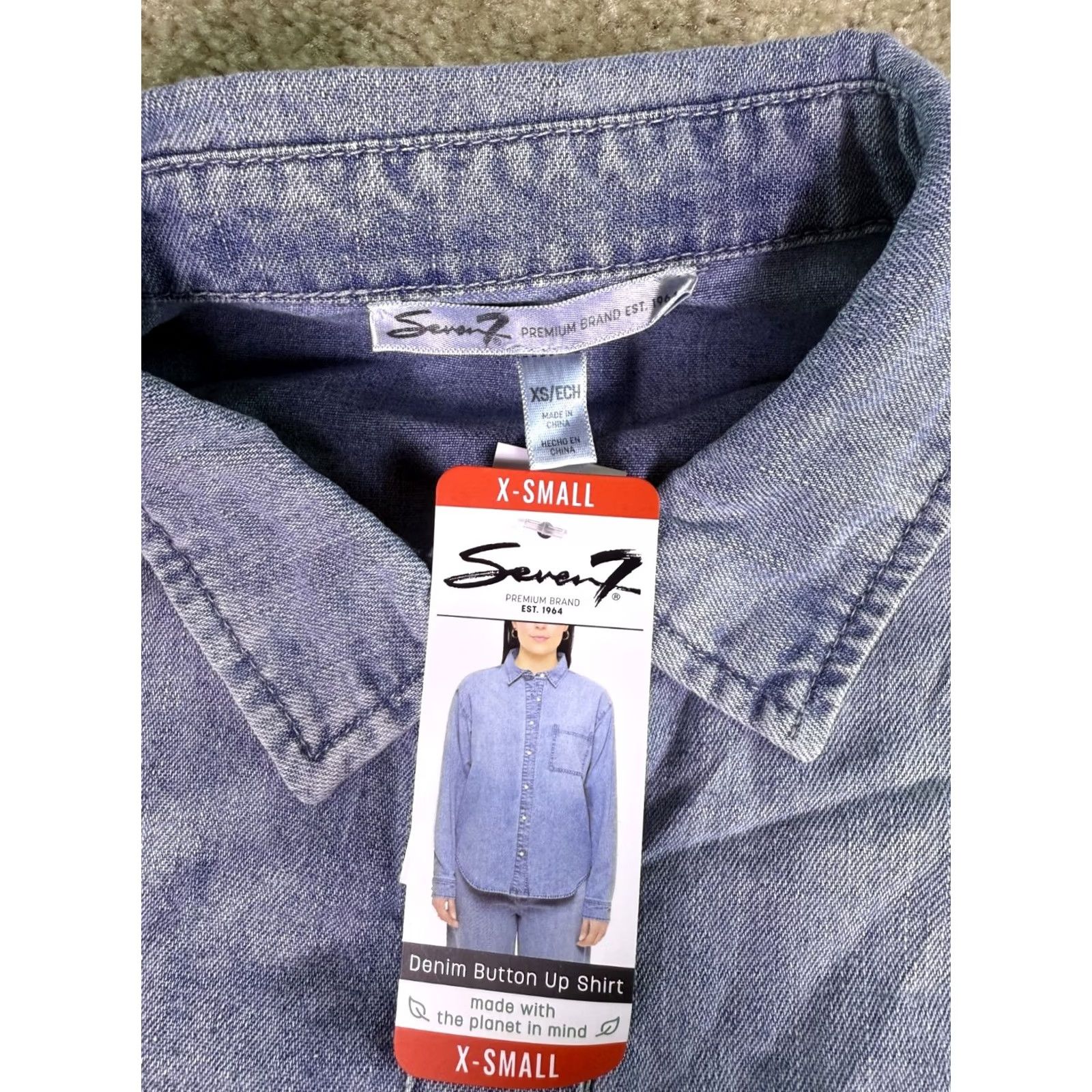 Vintage Seven7 Denim Button Up Shirt Womens XS Blue Long Sleeve Pearl Button NWT E906 Size XS / US 0-2 / IT 36-38 - 3 Thumbnail