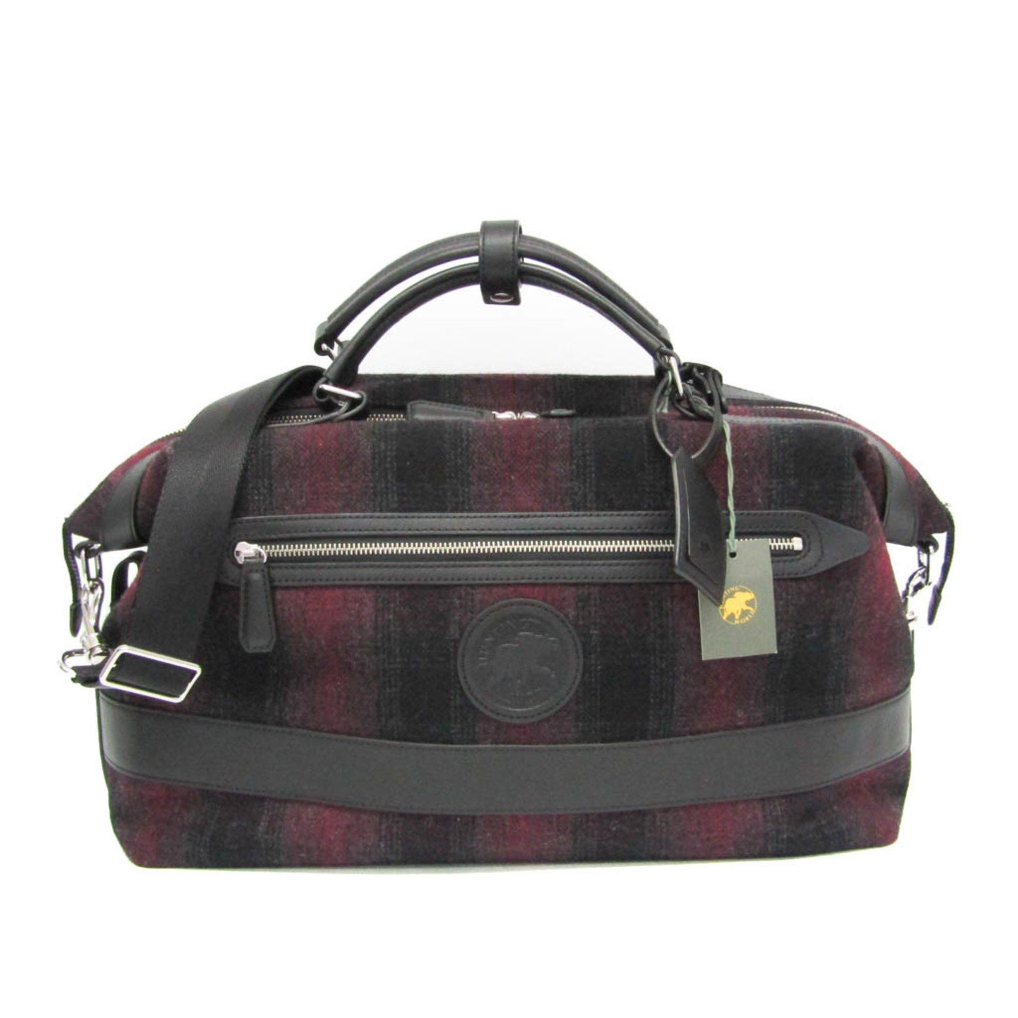 Hunting World Check 2-way Boston Bag MenWomen TweedLeather Boston BagShoulder Bag BlackRed Color