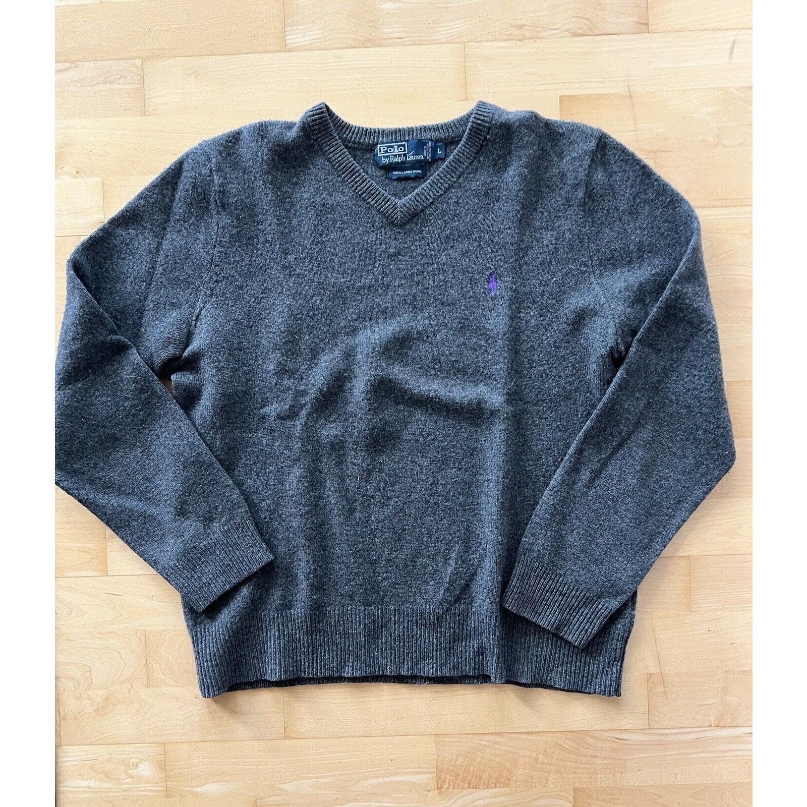 Polo Ralph Lauren POLO RALPH LAUREN 100 Lambs Wool V Neck Sweater Dark Gray L Grailed