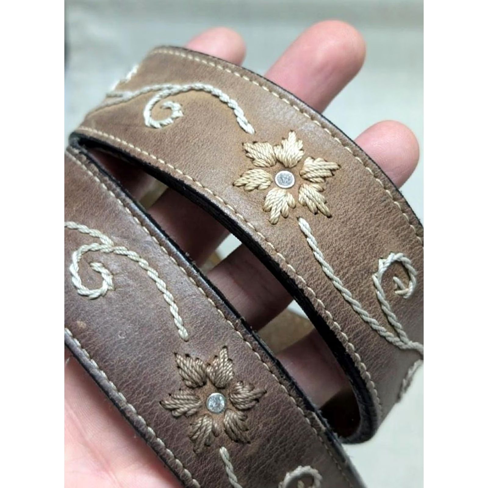 Vintage VINTAGE Nocona belt western 34 leather studded rhinestone buckle floral rhinestone belt Unisex Adults Men Women Size 34 - 5 Thumbnail