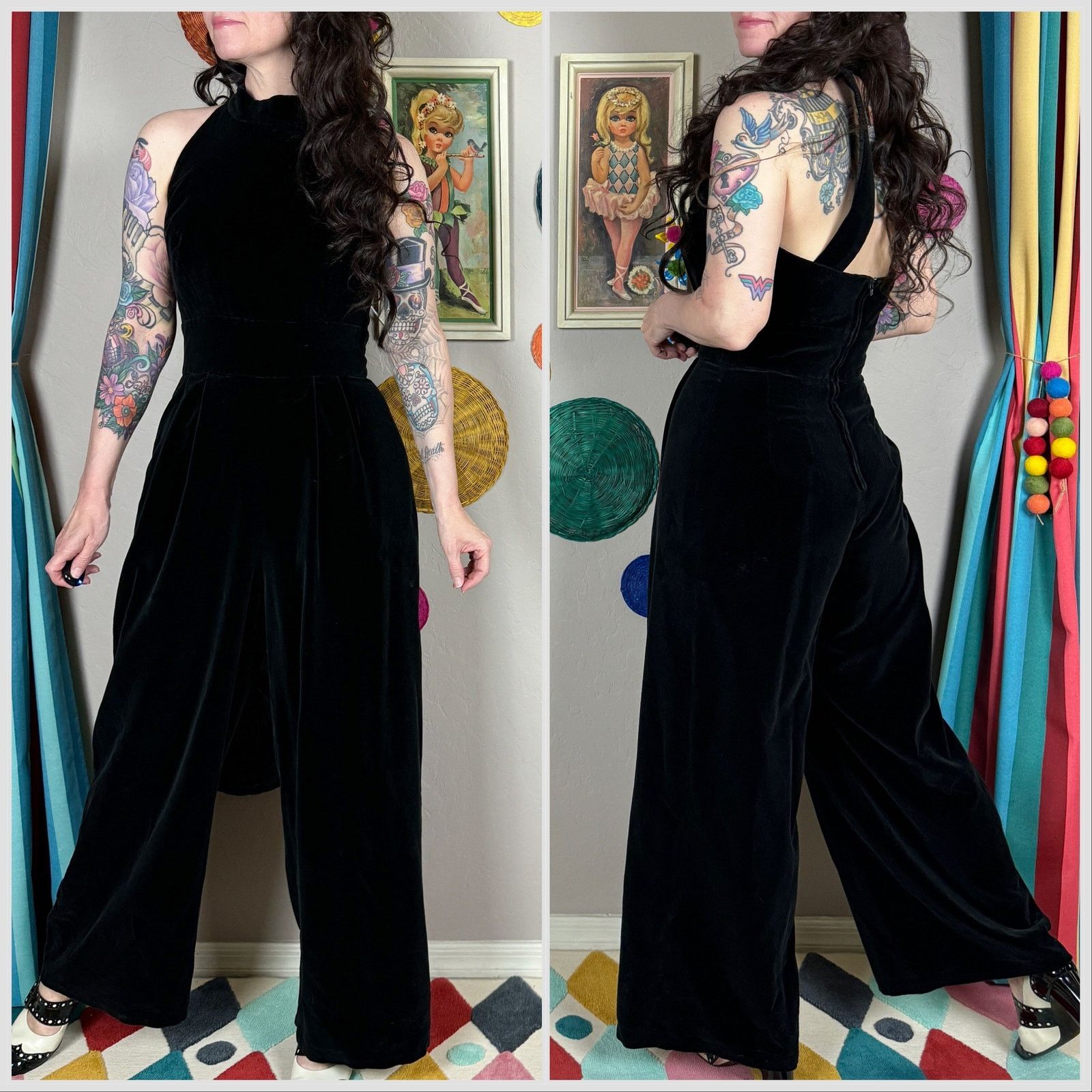 Vintage 1980s Black Velvet Halter Cut Out Back Wide Leg Jumpsuit Size 26" / US 2 / IT 38 - 3 Thumbnail