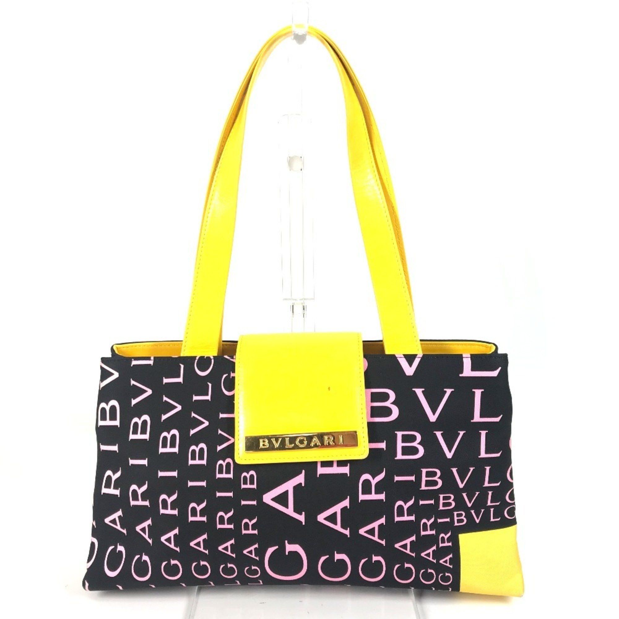 Bvlgari Bulgari All-Over Print Bag, Handbag, Shoulder Logo Plate, Leather, Canvas, Ladies, Yellow in Pink, Women's