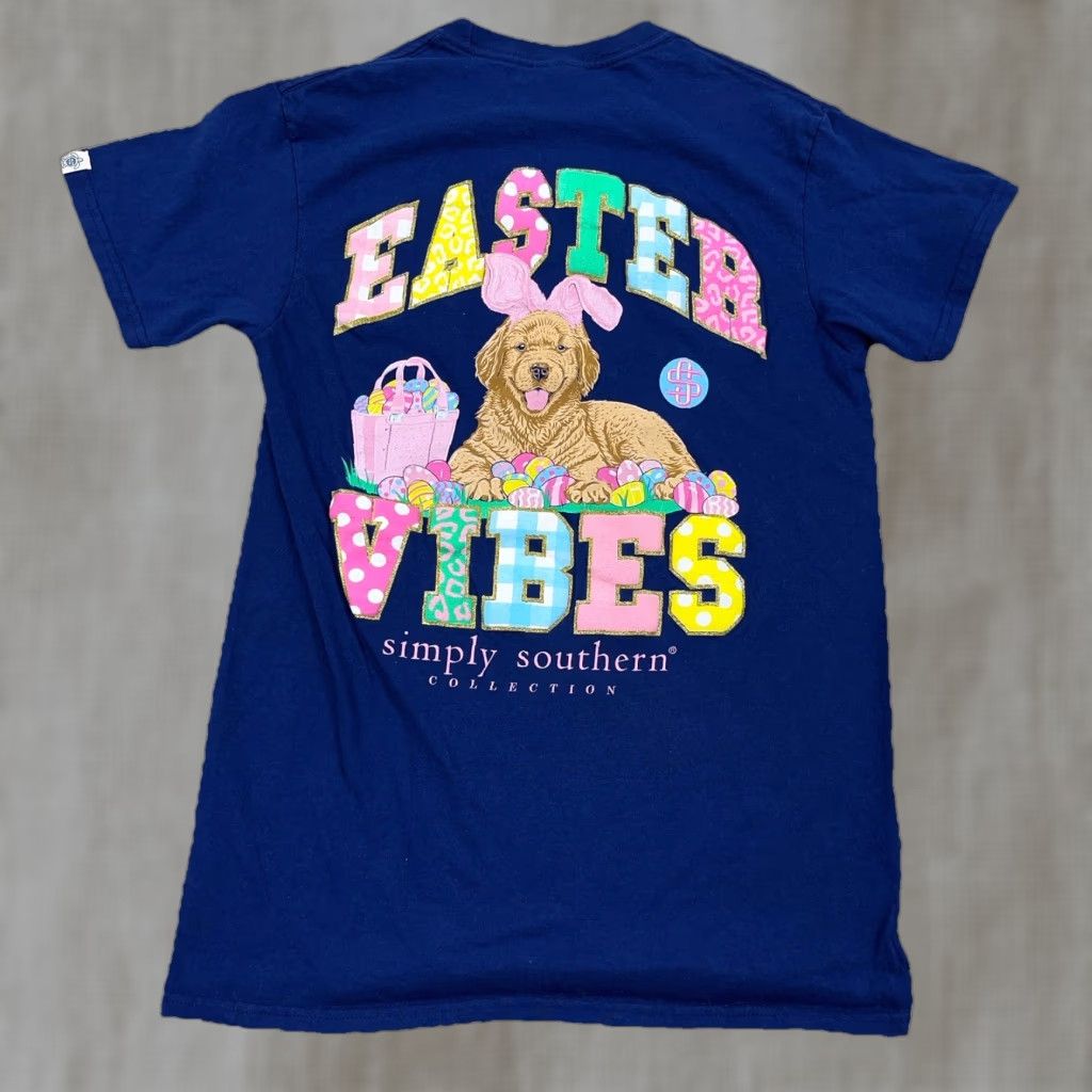 Vintage Simply Southern Shirt Women Small Blue Tee Easter Dog Puppy Bunny Adult Size S / US 4 / IT 40 - 1 Thumbnail