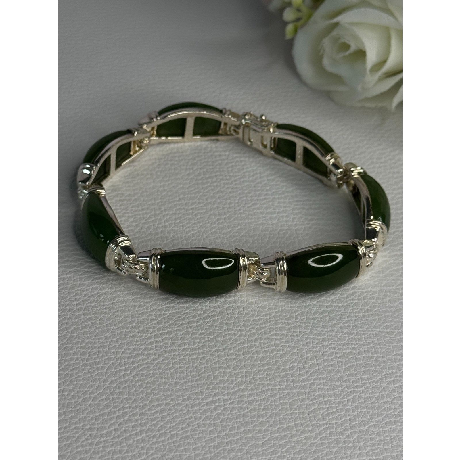 Jewelry 925 STERLING SILVER GREEN NEPHRITE BRACELET LENGTH 7.5 Size ONE SIZE - 1 Thumbnail