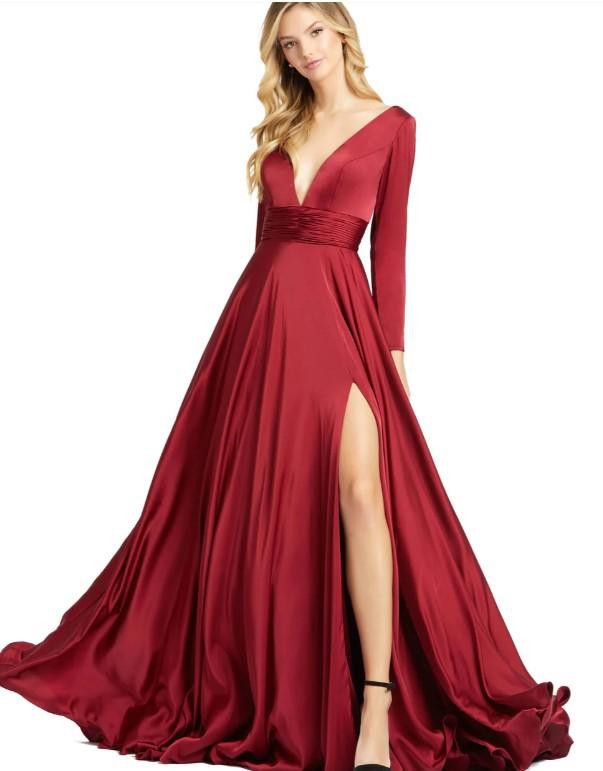 Image of Designer (8) Mac Duggal Long Sleeve Ruched Waist A-Line Gown, Size 16 in Red, Women's