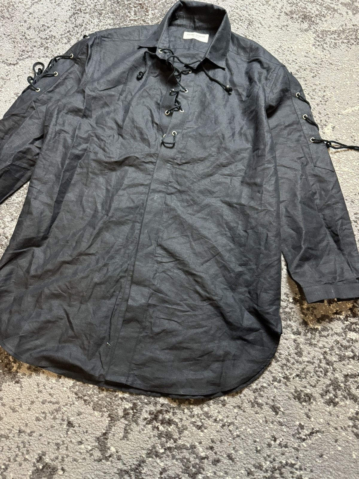 Saint Laurent Paris × Vintage Vintage Saint Laurent Paris Linen Blouse Opium Black Lace Size US M / EU 48-50 / 2 - 2 Thumbnail