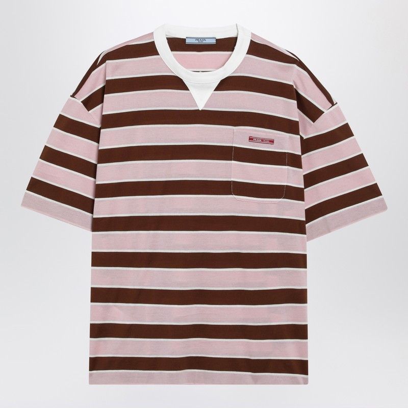 Prada Prada T-Shirt In Cotone A Righe Rosa/Tabacco Size S / US 4 / IT 40 - 1 Thumbnail