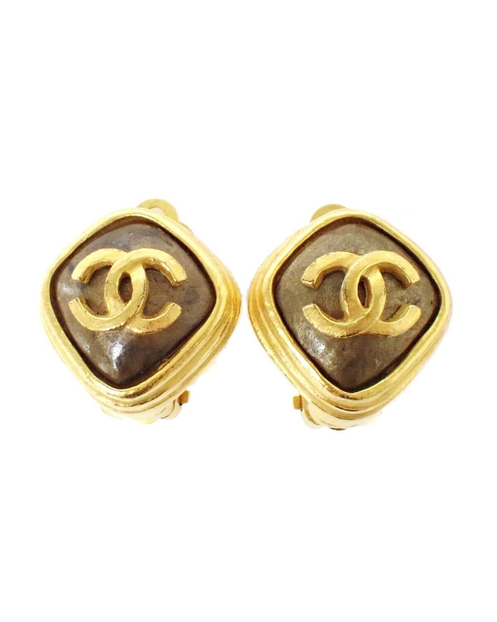 image of Gold Square Chanel Button Earrings, Women's