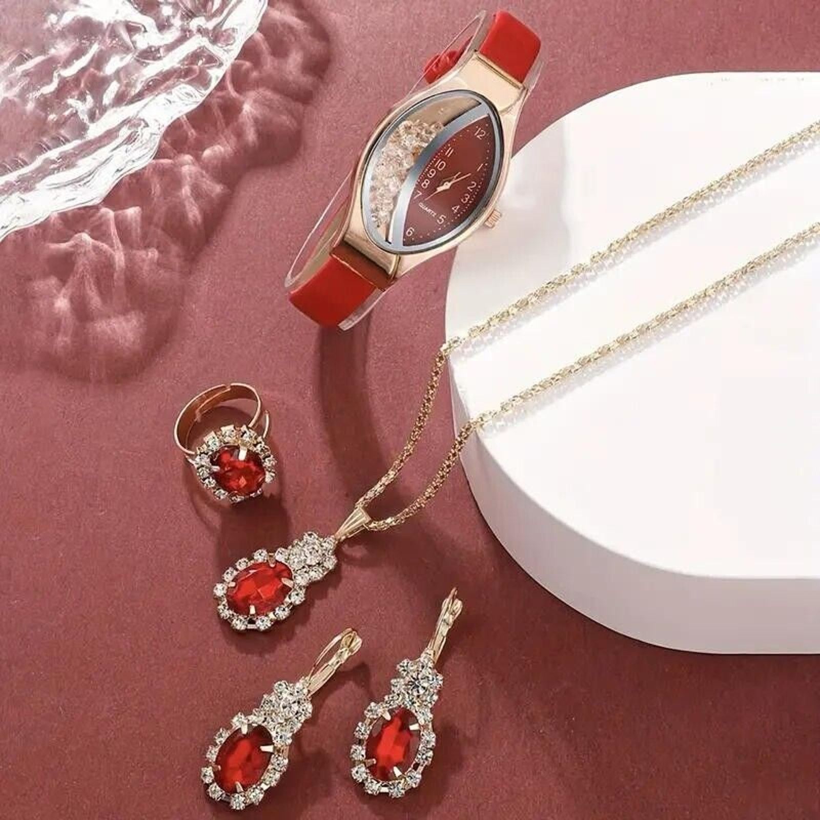 The Unbranded Brand 5pc Jewelry Set Quartz Watch Red Face Necklace Earrings Ring Size ONE SIZE - 3 Thumbnail