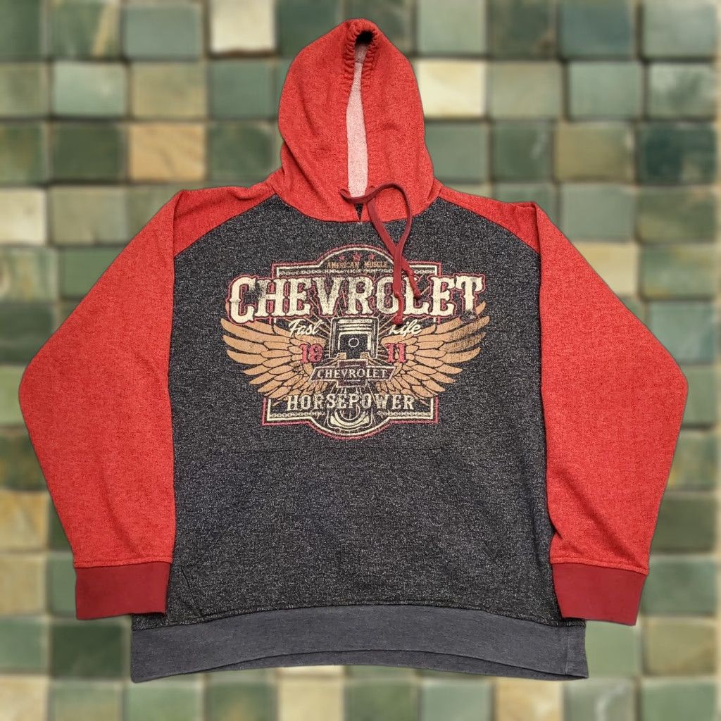 Vintage Chevrolet Hoodie Mens XL Red Cotton Blend American Sports USA Fleece Pullover Hooded Long Sleeve Size US XL / EU 56 / 4 - 1 Thumbnail