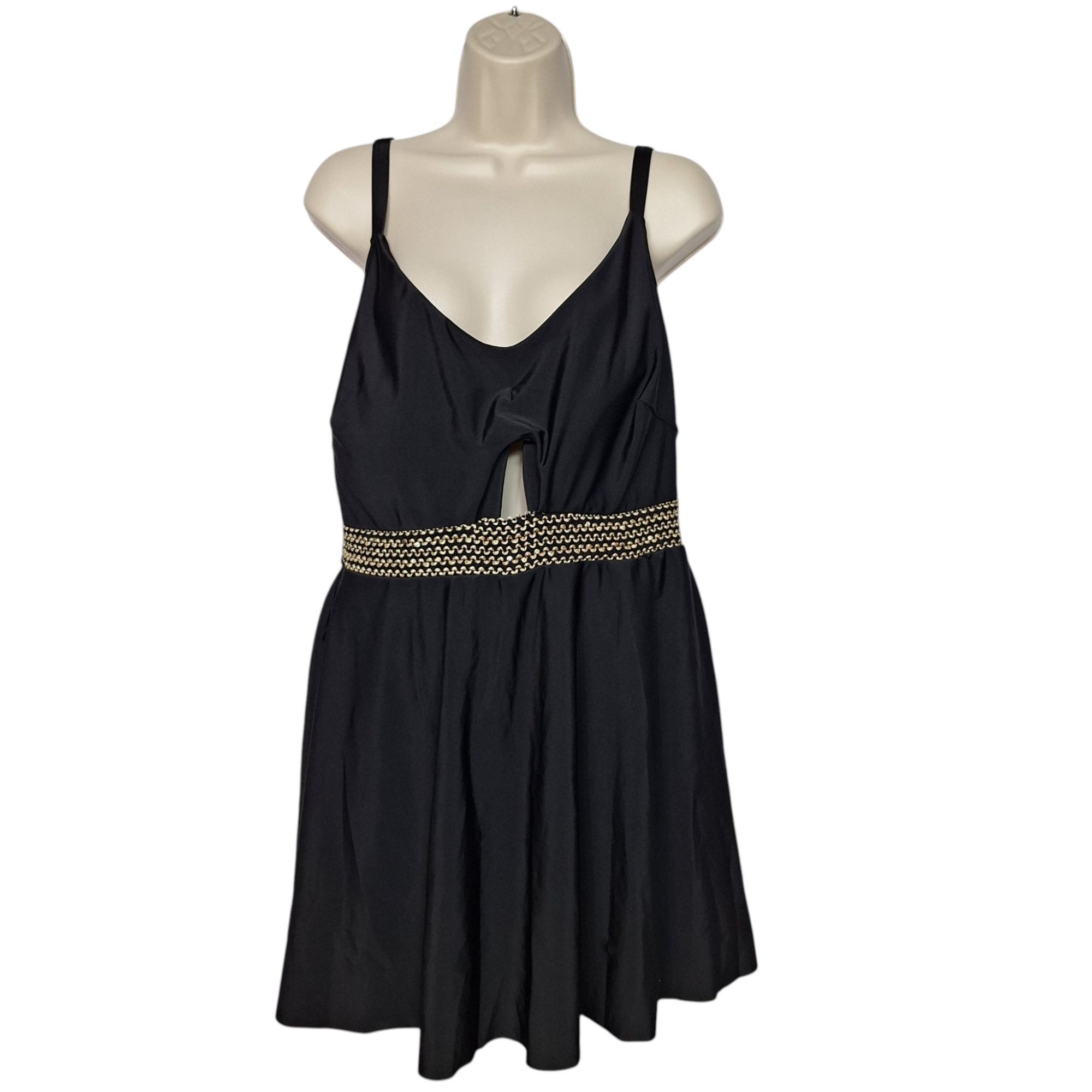 Other Chic Black One Piece Swim Dress Cut Out Gold Textured Waist Size 3XL / US 20-22 - 2 Thumbnail