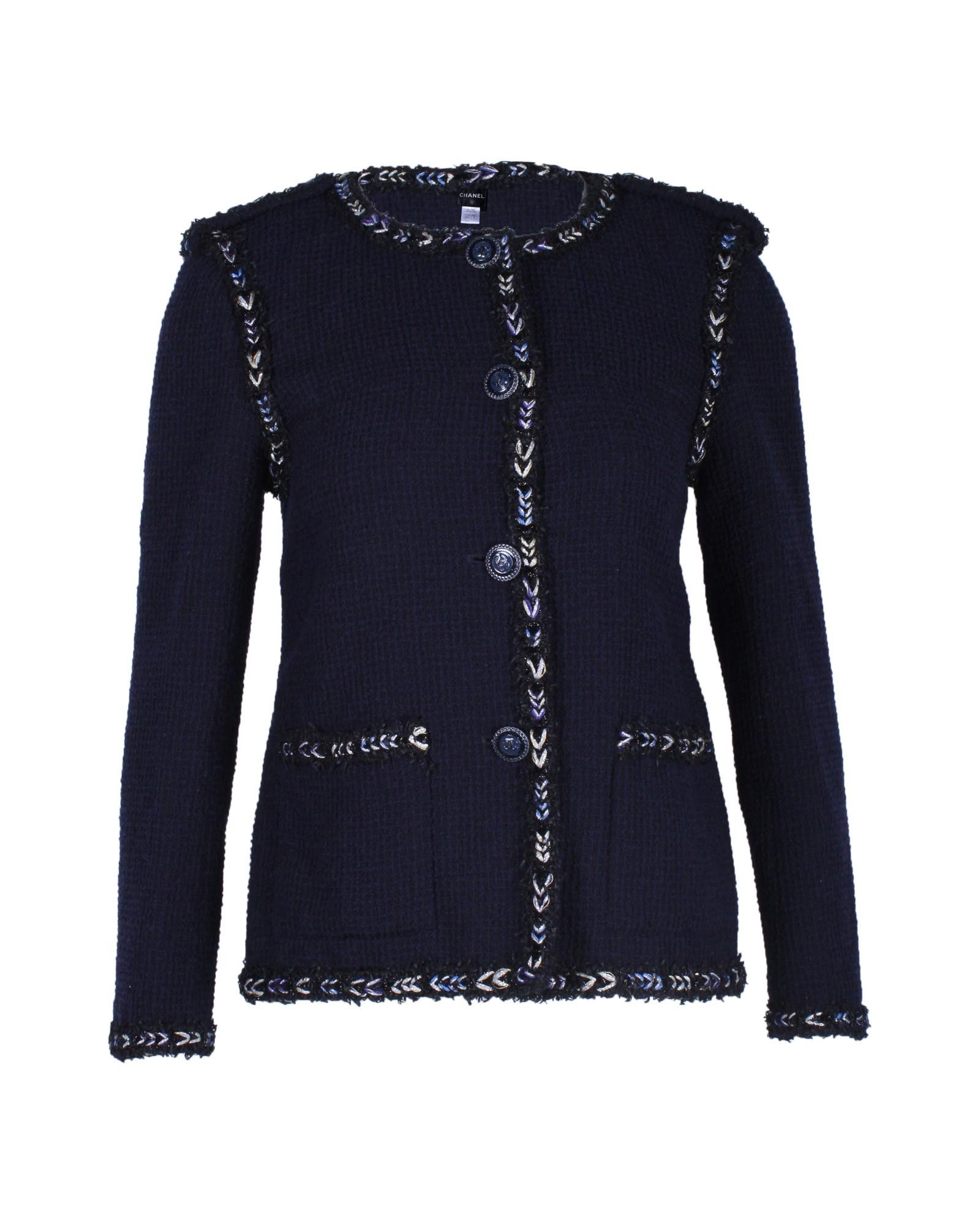 image of Navy Blue Wool Buttoned Evening Jacket By Chanel in Blue/Navy Blue, Women's (Size XS)