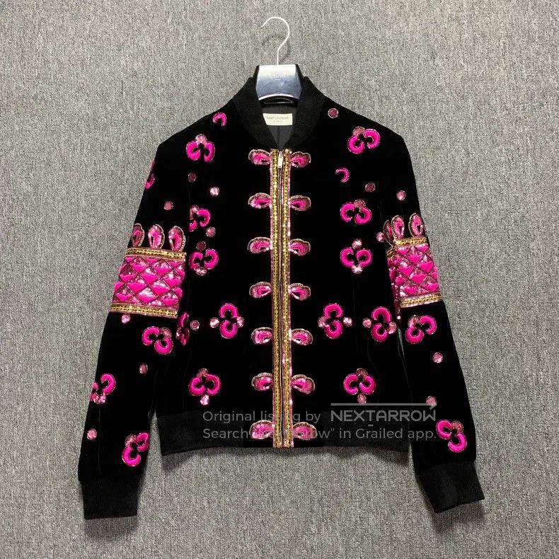 Saint Laurent Paris Saint Laurent Paris Black Velvet Pink Cherry Blossom Scale Size US M / EU 48-50 / 2 - 1 Thumbnail
