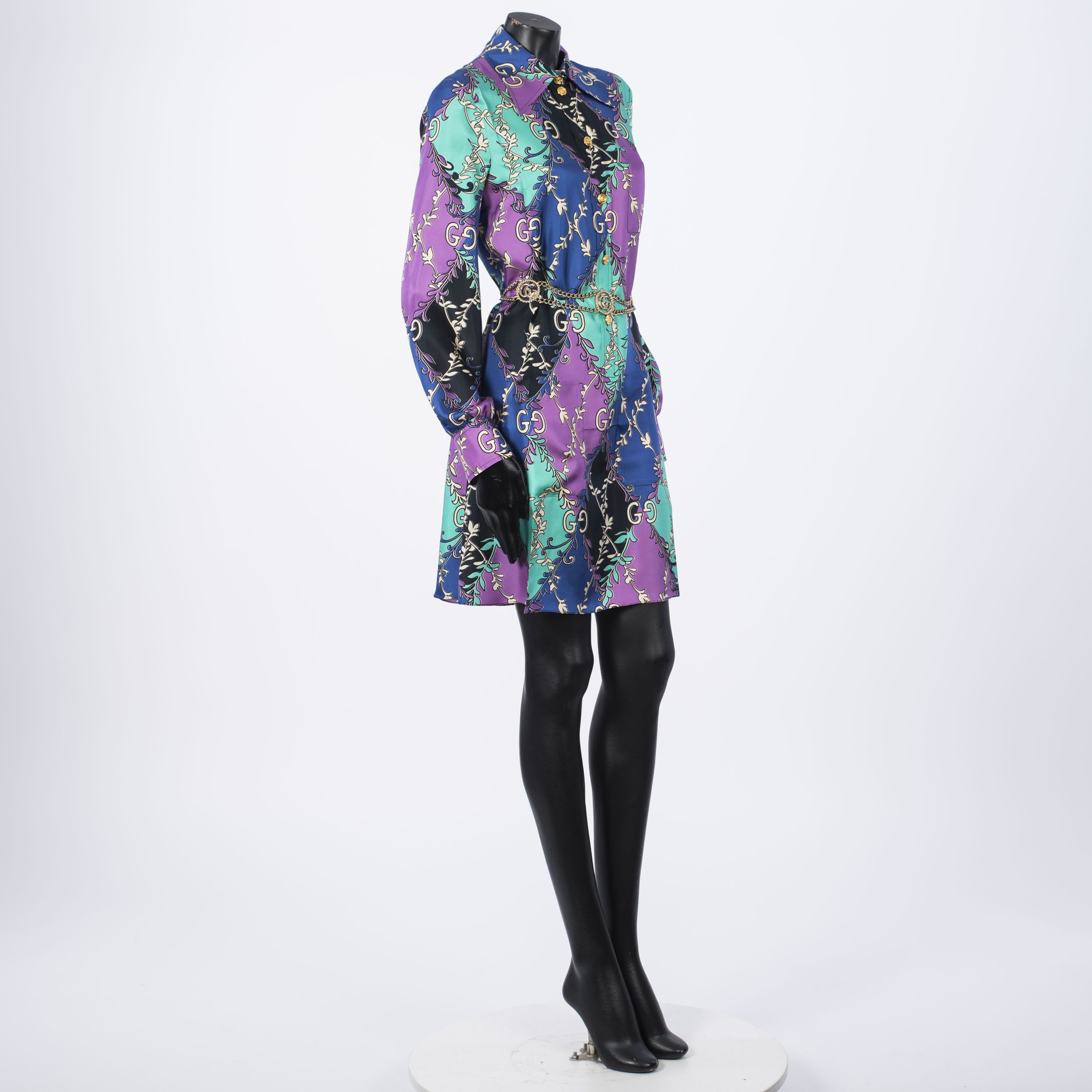 Gucci Silk GG Rhombus Ramage Shirt Dress With Chain Belt Size M / US 6-8 / IT 42-44 - 8 Thumbnail