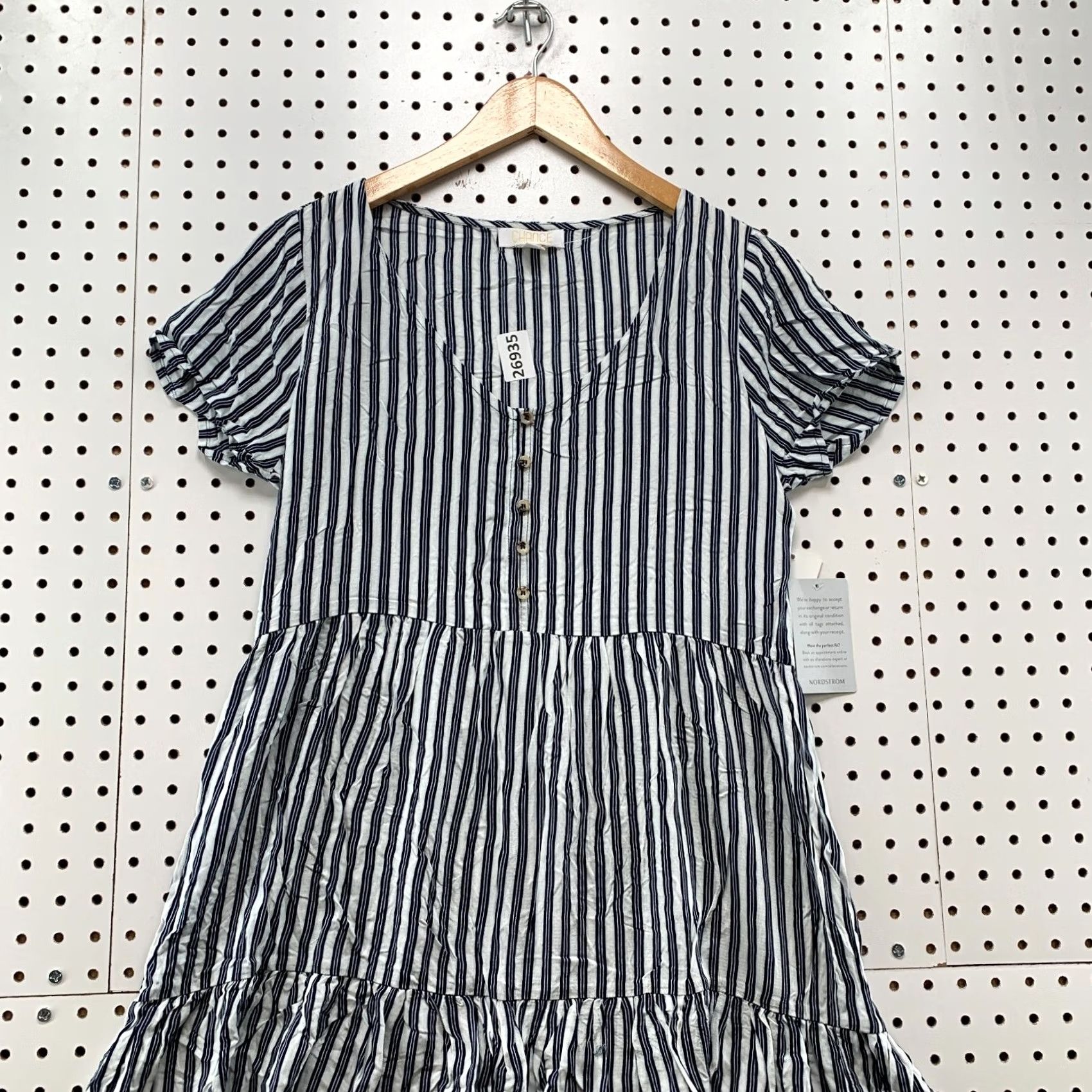 Vintage Chance Dress Womens Medium Blue V Neck Tiered Ruffle Short Sleeve Stripe Size 32" / US 10 / IT 46 - 2 Thumbnail