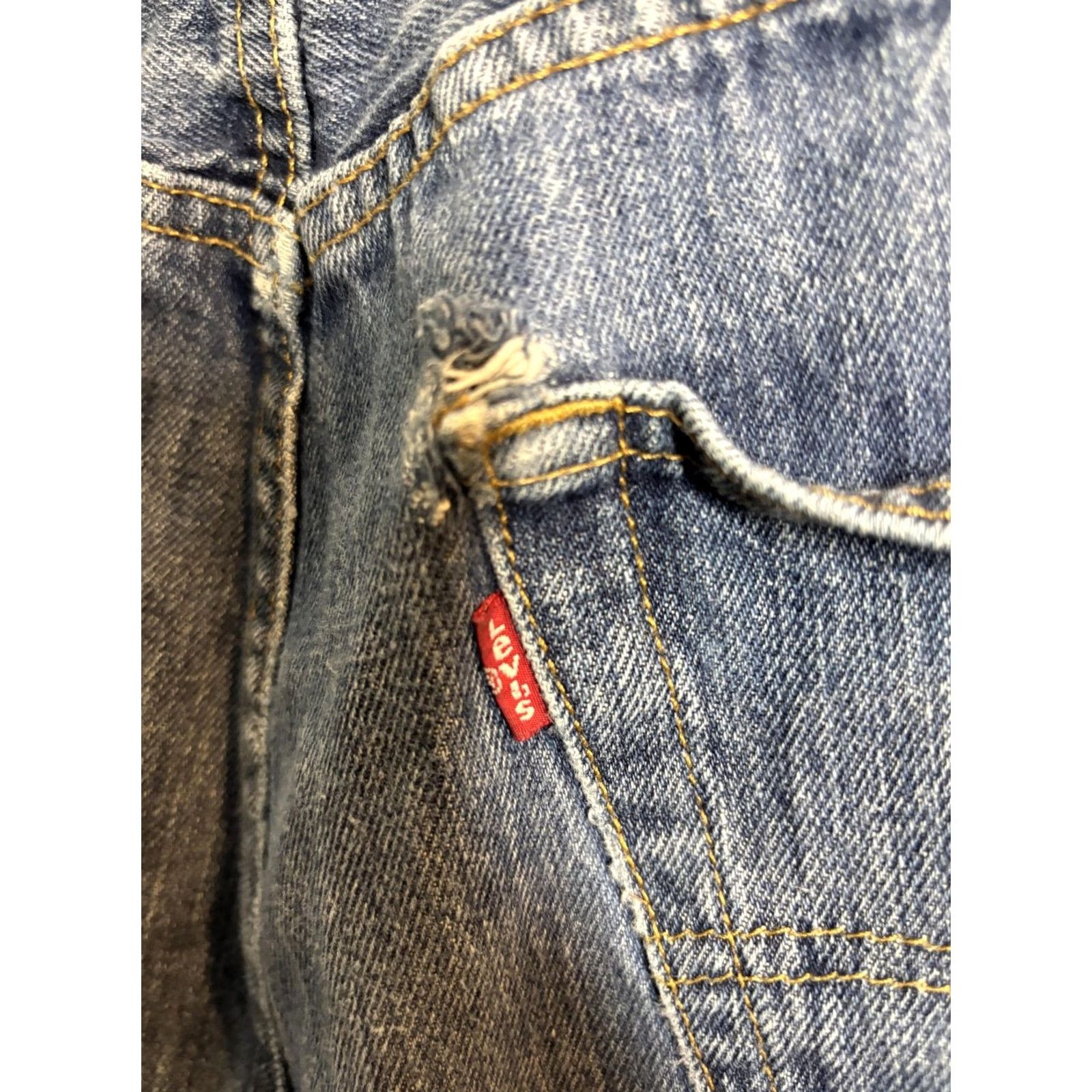 Levi's Levis 501 Jeans Mens 34x30 Blue Denim Button Fly Red Tab Distressed Vintage Style Straight 5-Pocket Copper Rivets Size US 32 / EU 48 - 3 Thumbnail