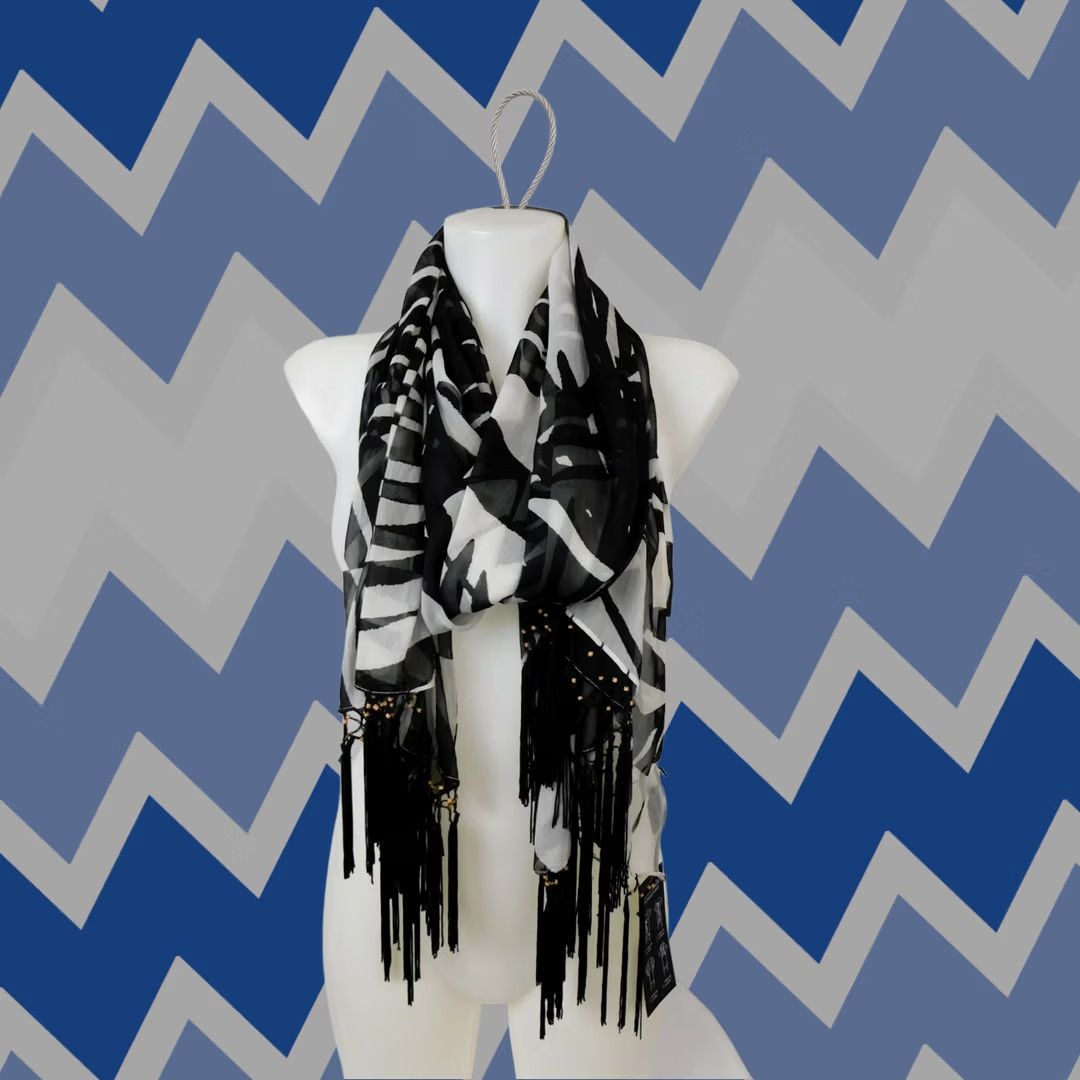 Vintage INC Scarf Multi-Wrap Swim-Cover Beaded Tassel Printed Black-White Women Size ONE SIZE - 1 Thumbnail