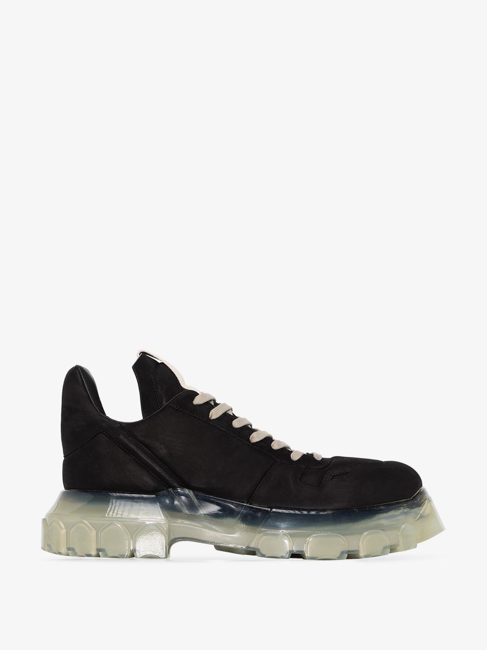 image of Rick Owens Fw20 Maximal Tractor Low Black Nubuck With Clear Sole Shoes, Men's (Size 10)