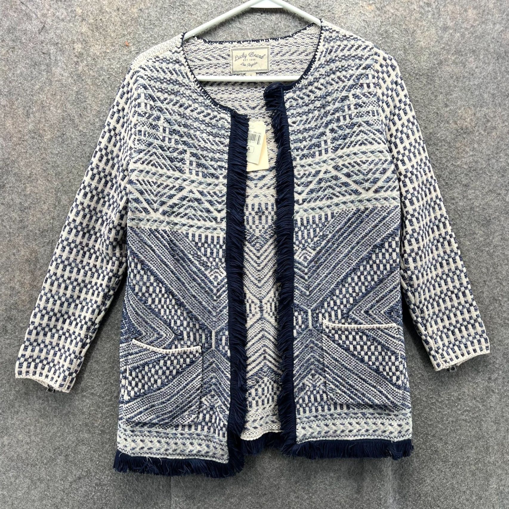 Lucky Brand Lucky Brand Cardigan Women Small Blue White Fringe Knit Boho Open Front Sweater Size S / US 4 / IT 40 - 2 Thumbnail