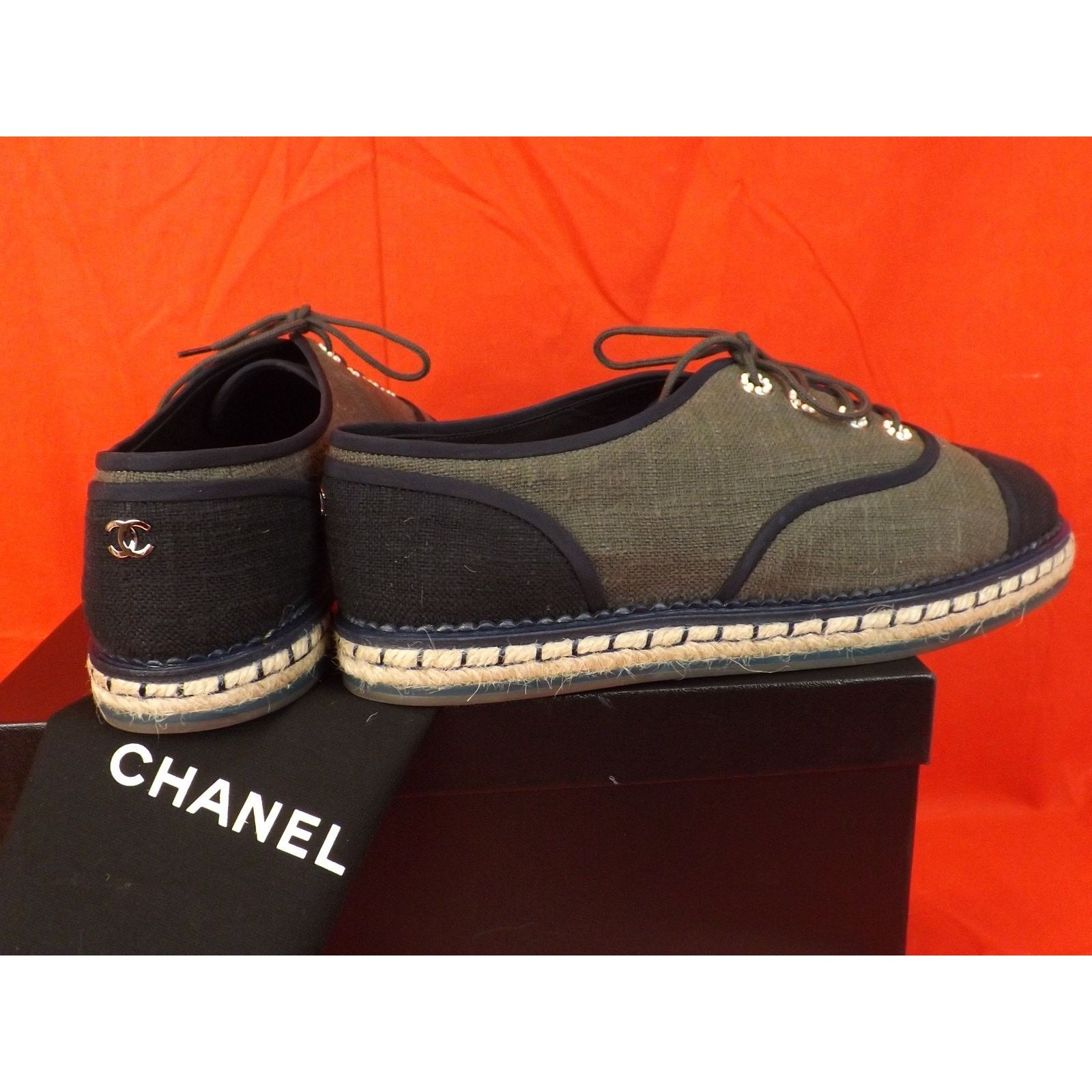 Chanel CHANEL GREEN BLACK CANVAS PEARLS CC ESPADRIL OXFORDS FLAT 40 Size US 10 / IT 40 - 10 Thumbnail