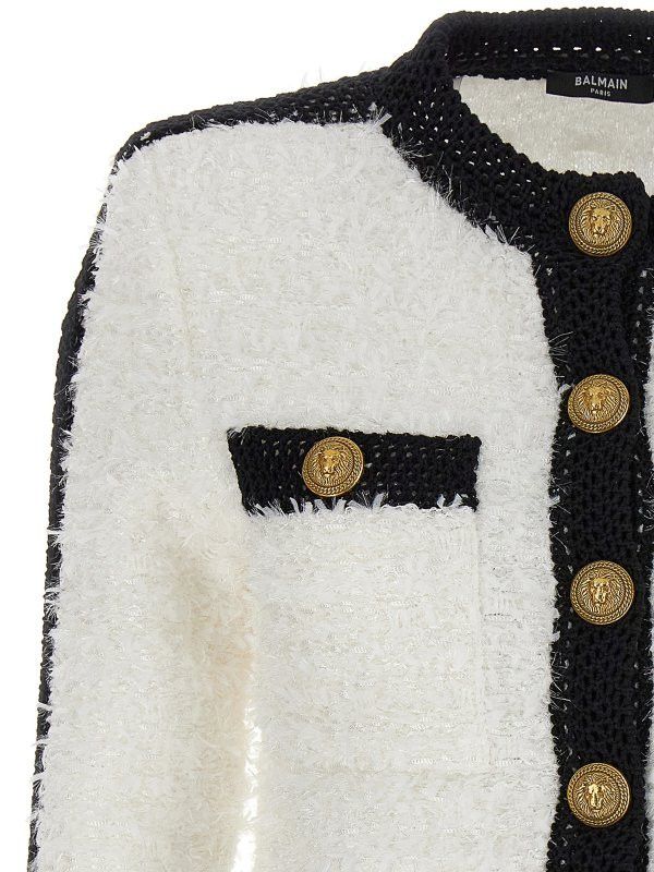 Balmain o1s1wg110825 Logo Button Tweed Short Jacket in Black/White Size L / US 10 / IT 46 - 4 Thumbnail