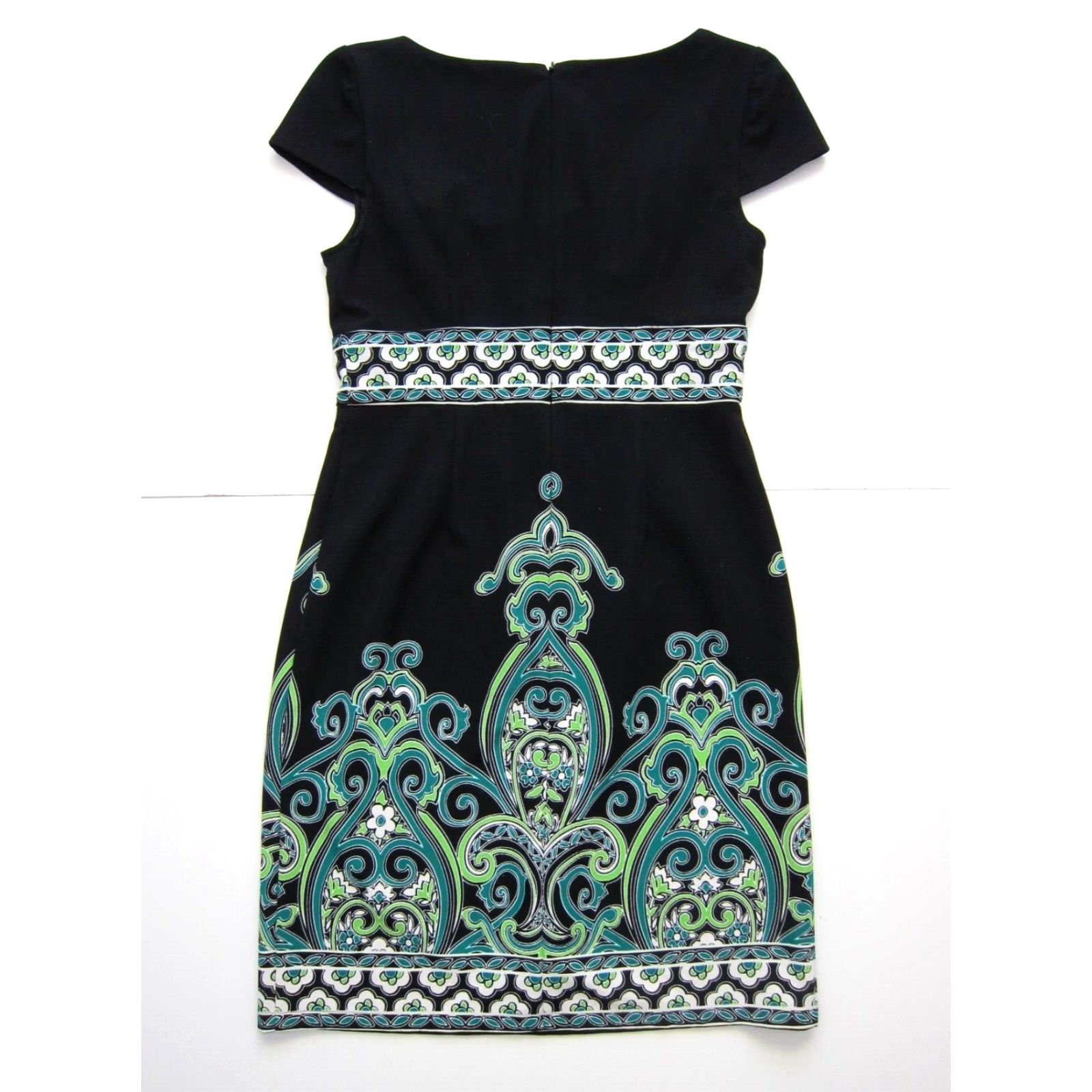 Vintage VINTAGE London Times Black Green Floral Paisley Cap Sleeve Sheath Shift Dress Women 8 Size M / US 6-8 / IT 42-44 - 2 Thumbnail