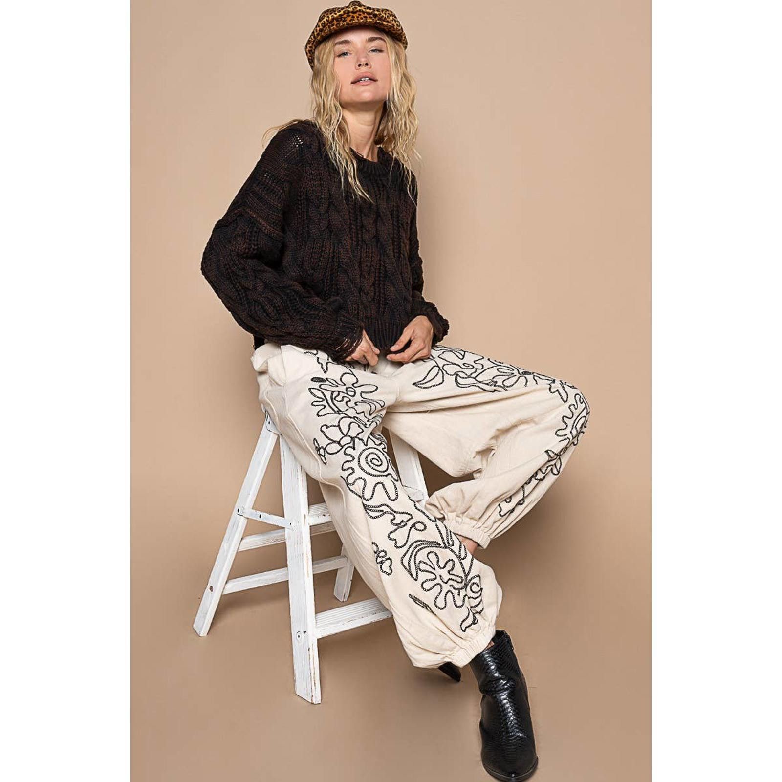 Other Floral Embroidered Pattern Solid Twill Jogger Pants by POL Size 28" / US 6 / IT 42 - 7 Thumbnail