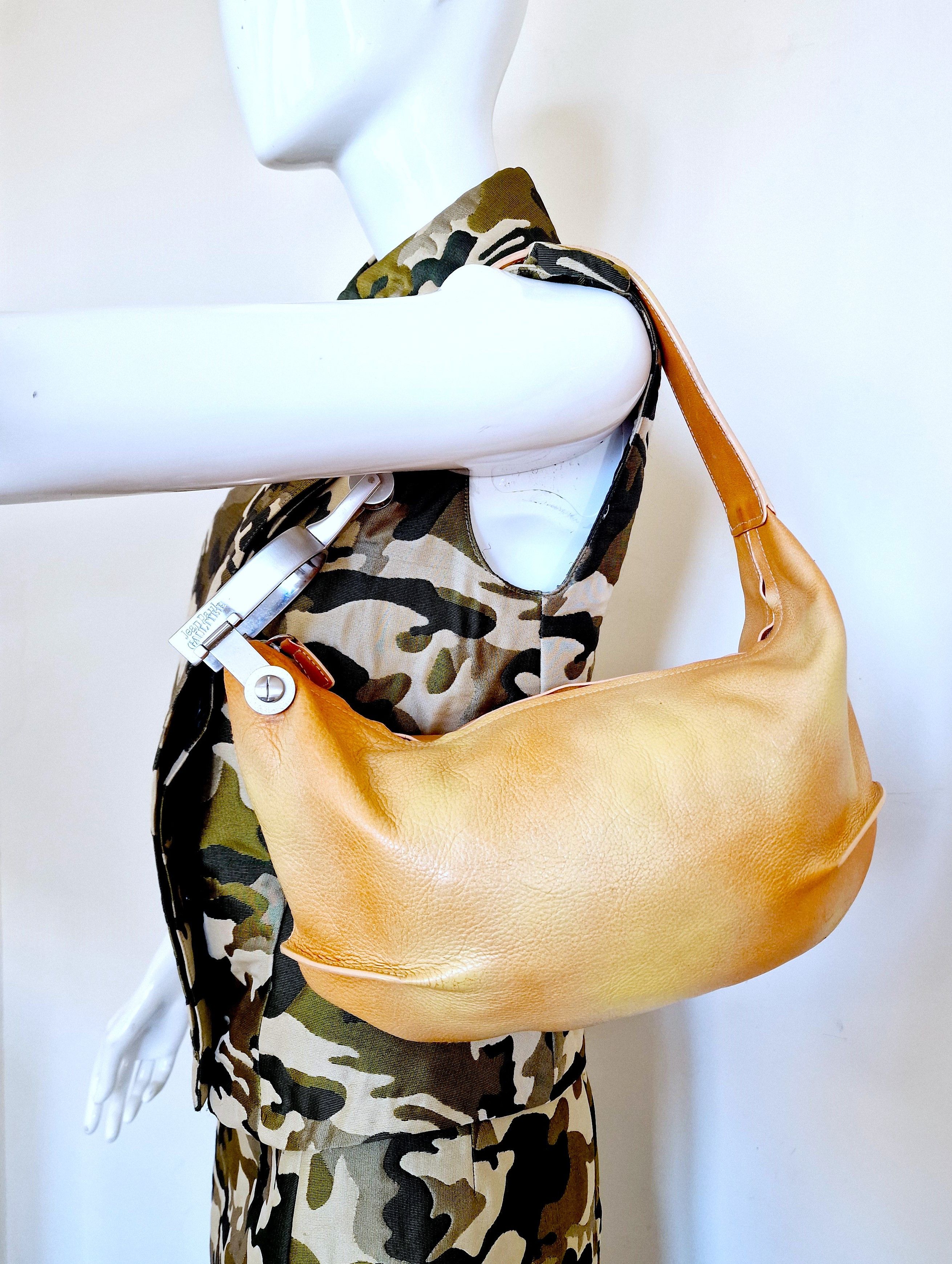 Jean Paul Gaultier Leather Hobo Banana Shoulder Bag in Beige, Women's