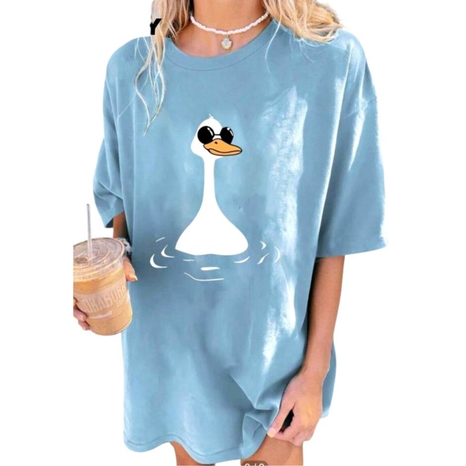Shein Blue White Short Sleeve Crew Neck Duck Cartoon Graphic Tee Size M / US 6-8 / IT 42-44 - 1 Thumbnail