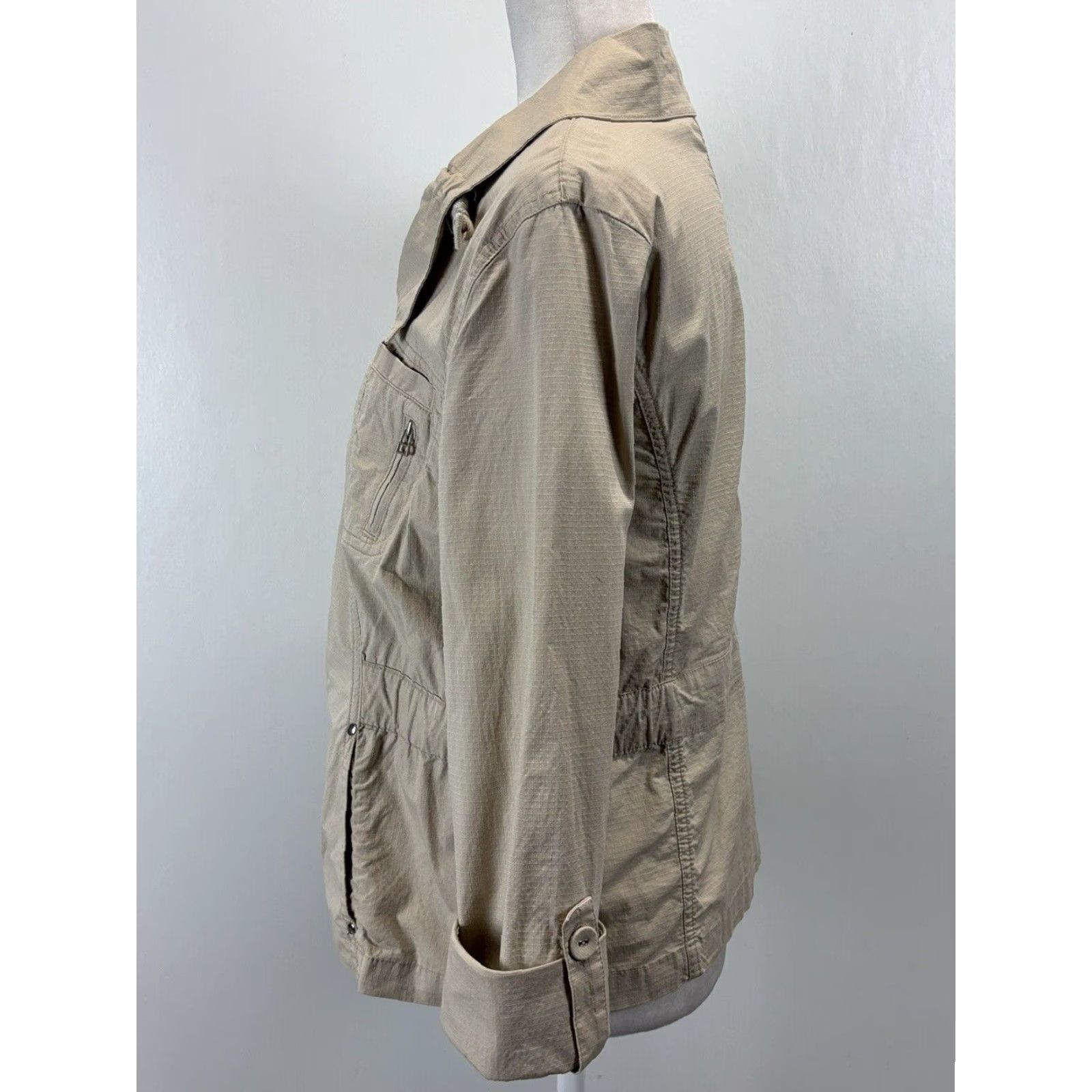 Vintage Chicos Lightweight Cotton Blend Beige Medium Jacket Full Zip Roll Tab Sleeves Women Size XS / US 0-2 / IT 36-38 - 2 Thumbnail