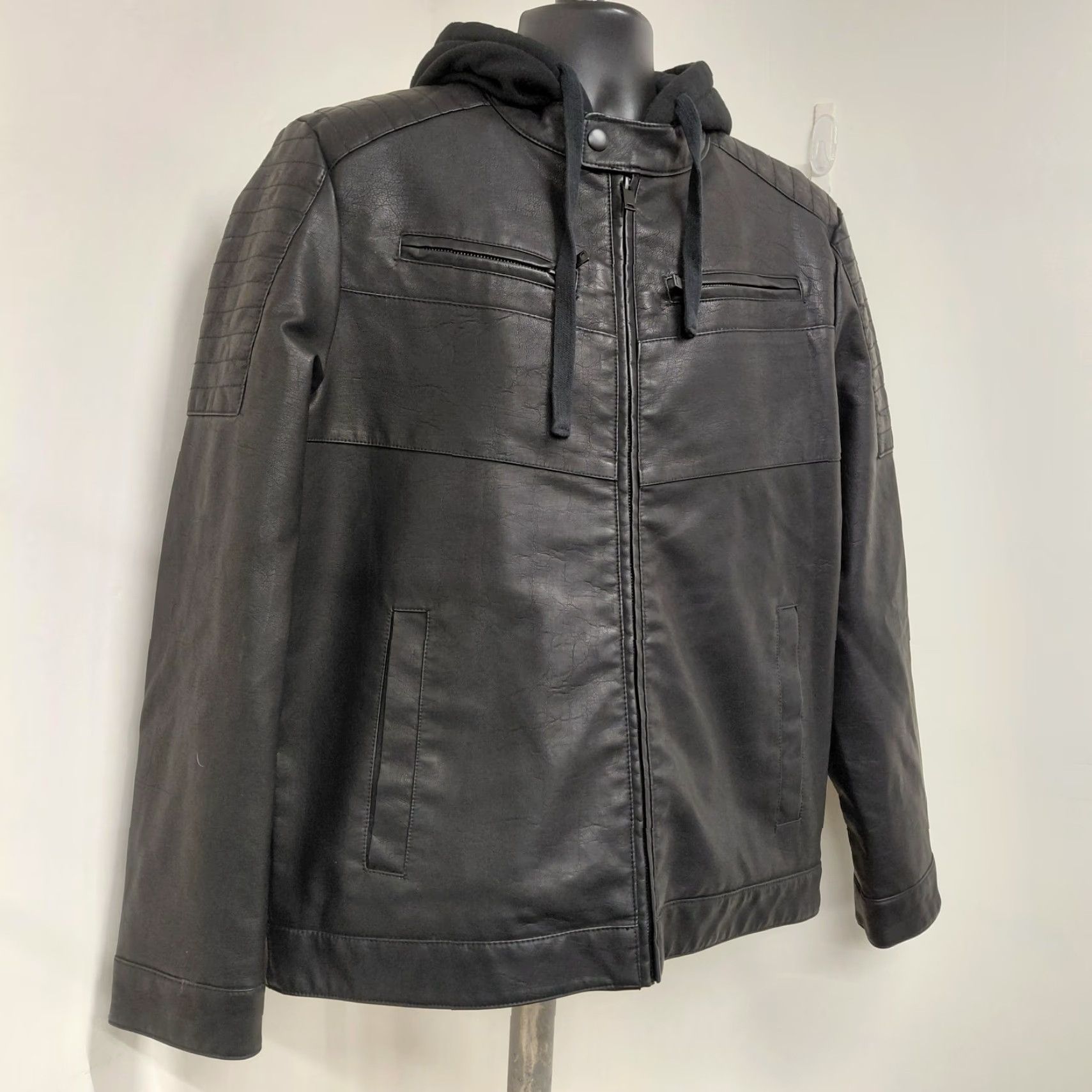 Apt. 9 Apt. 9 Men's Jacket Black Faux Leather Hooded Coat Pockets Zipper Short | Size L | Regular Fit | Motorcycle Style Size US L / EU 52-54 / 3 - 3 Thumbnail