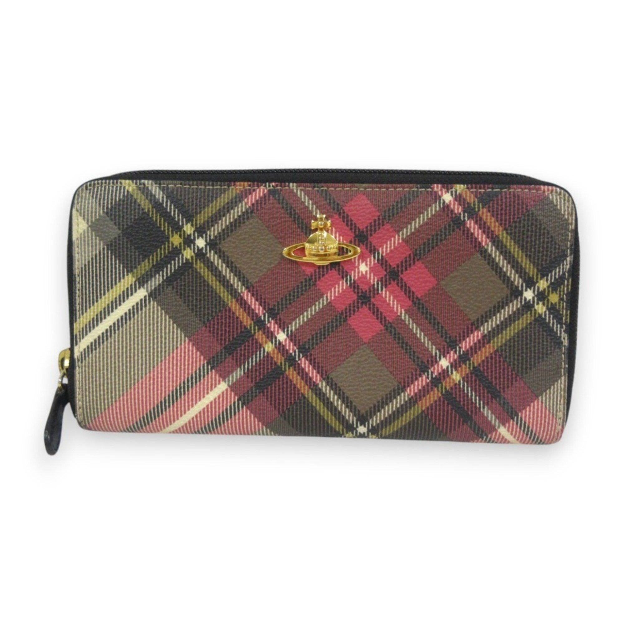Vivienne Westwood Vivienne Westwood Check Pattern Orb Metal Fittings Round Zipper Long Wallet Pink Gray Women's Size ONE SIZE - 1 Thumbnail