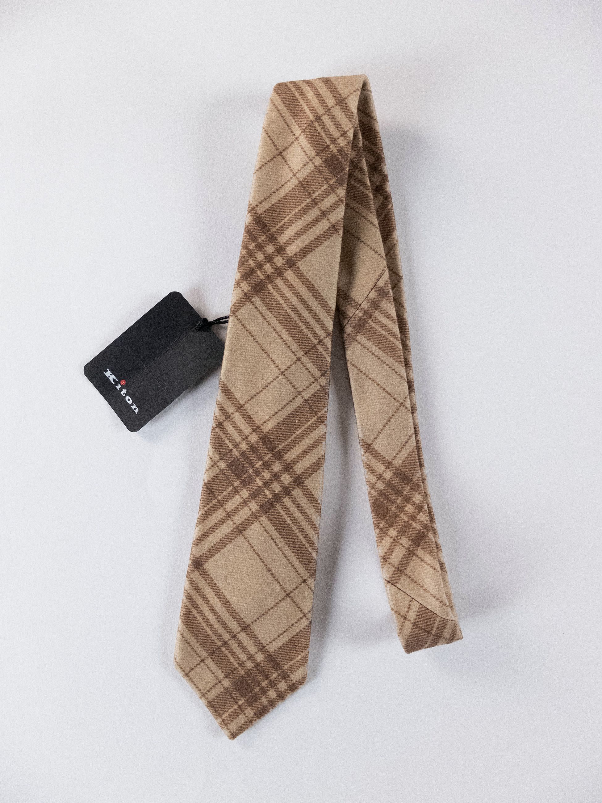 KITON Napoli hand made 7 fold beige brown check cashmere tie