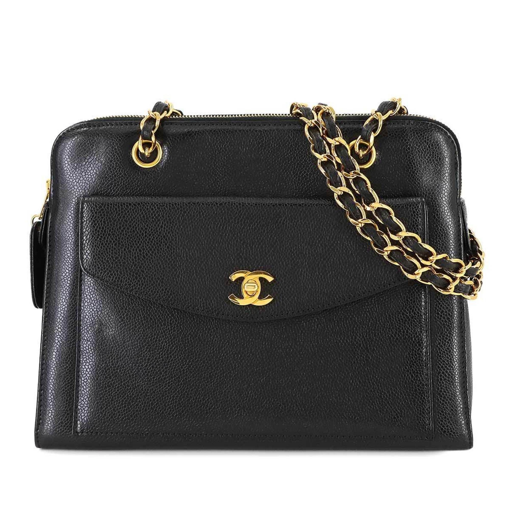 Chanel Chain Caviar Skin Tote Bag Black A08904 Gold Hardware, Women's